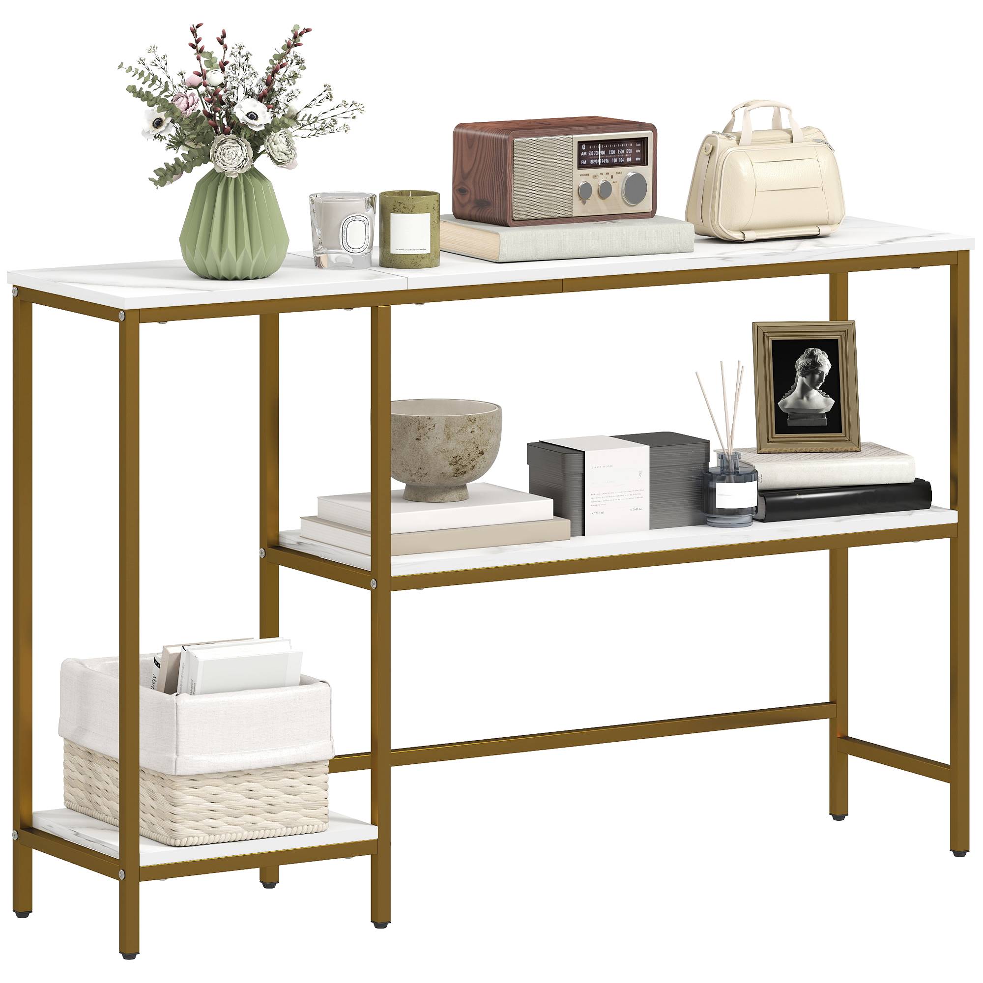 Console meuble 120 cm, table console 3 niveaux avec étagères de rangement, plateaux imitation marbre, blanc et doré - Image 1