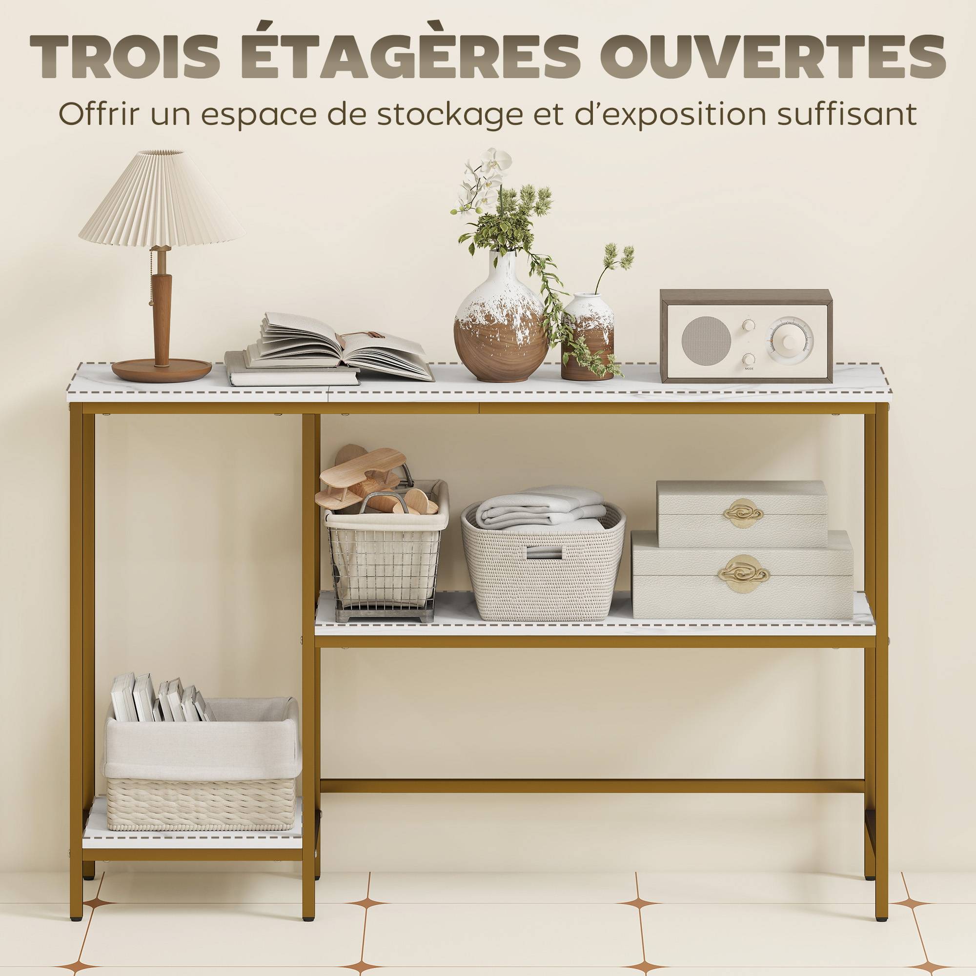 Console meuble 120 cm, table console 3 niveaux avec étagères de rangement, plateaux imitation marbre, blanc et doré - Image 7