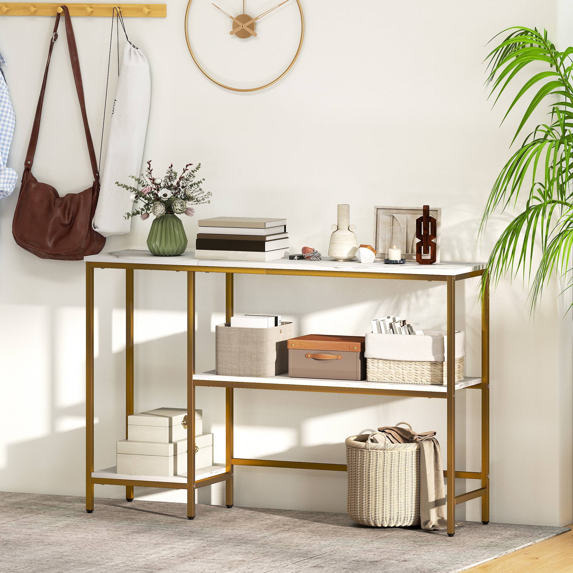 Console meuble 120 cm, table console 3 niveaux avec étagères de rangement, plateaux imitation marbre, blanc et doré - Image 4