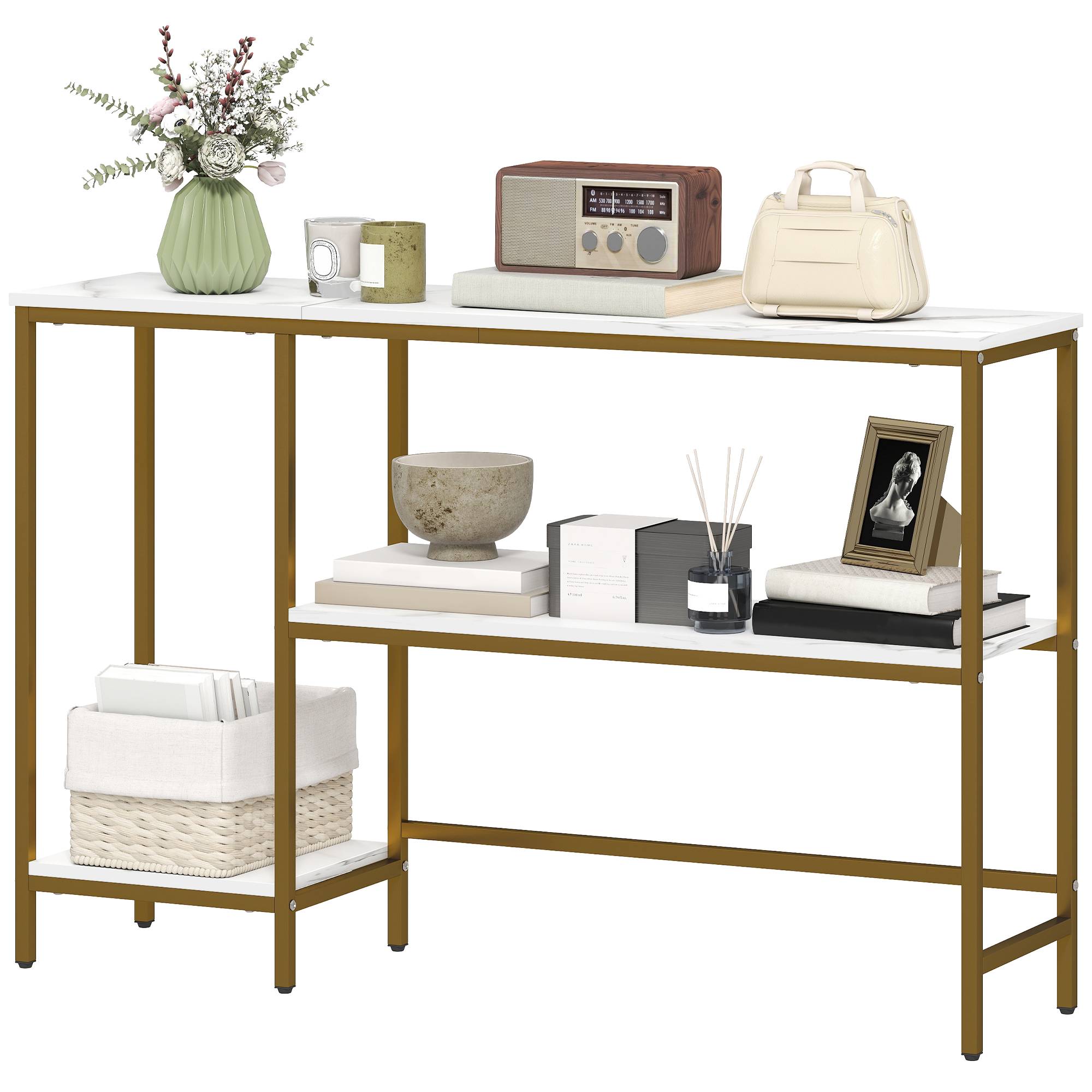 Console meuble 120 cm, table console 3 niveaux avec étagères de rangement, plateaux imitation marbre, blanc et doré - Image 2
