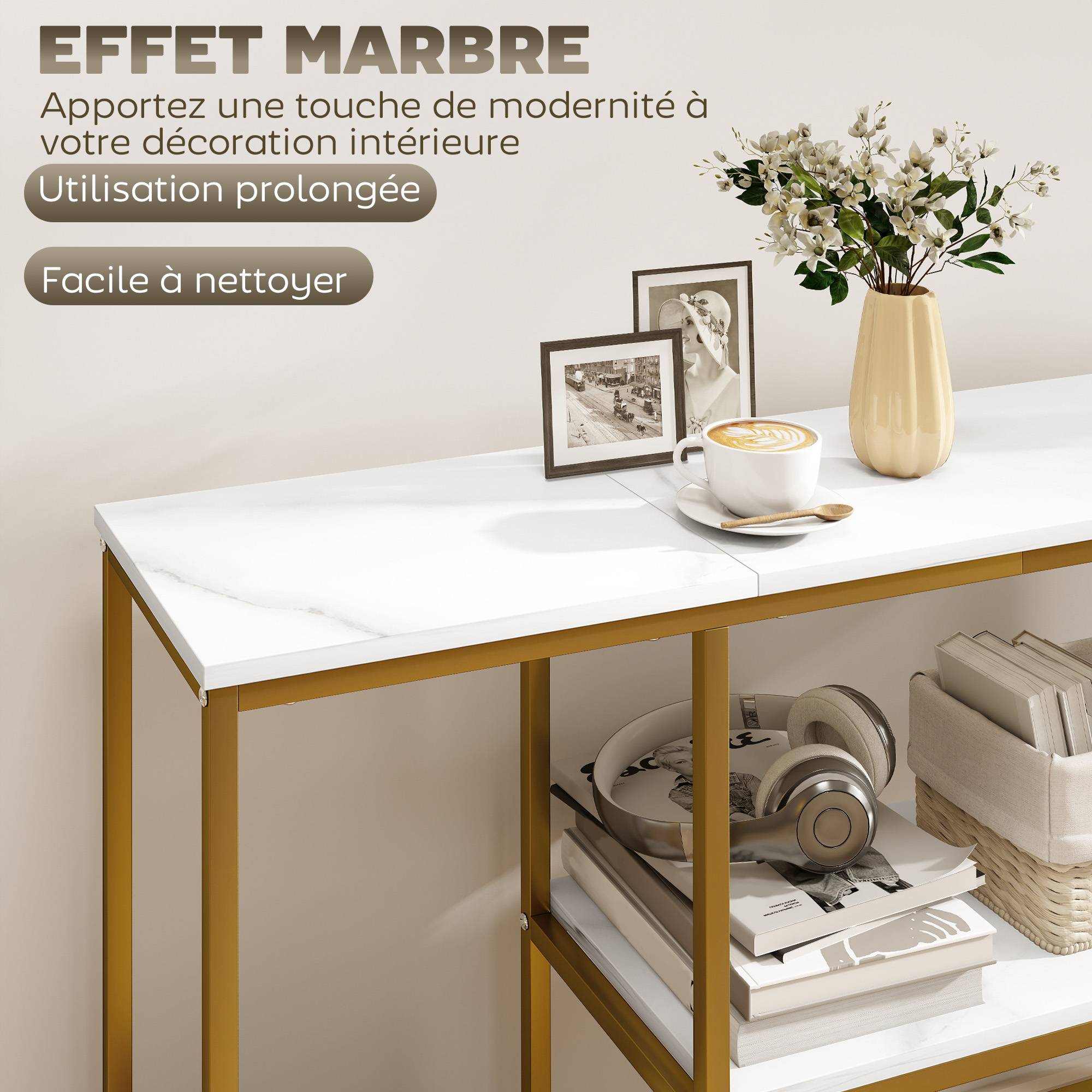 Console meuble 120 cm, table console 3 niveaux avec étagères de rangement, plateaux imitation marbre, blanc et doré - Image 6