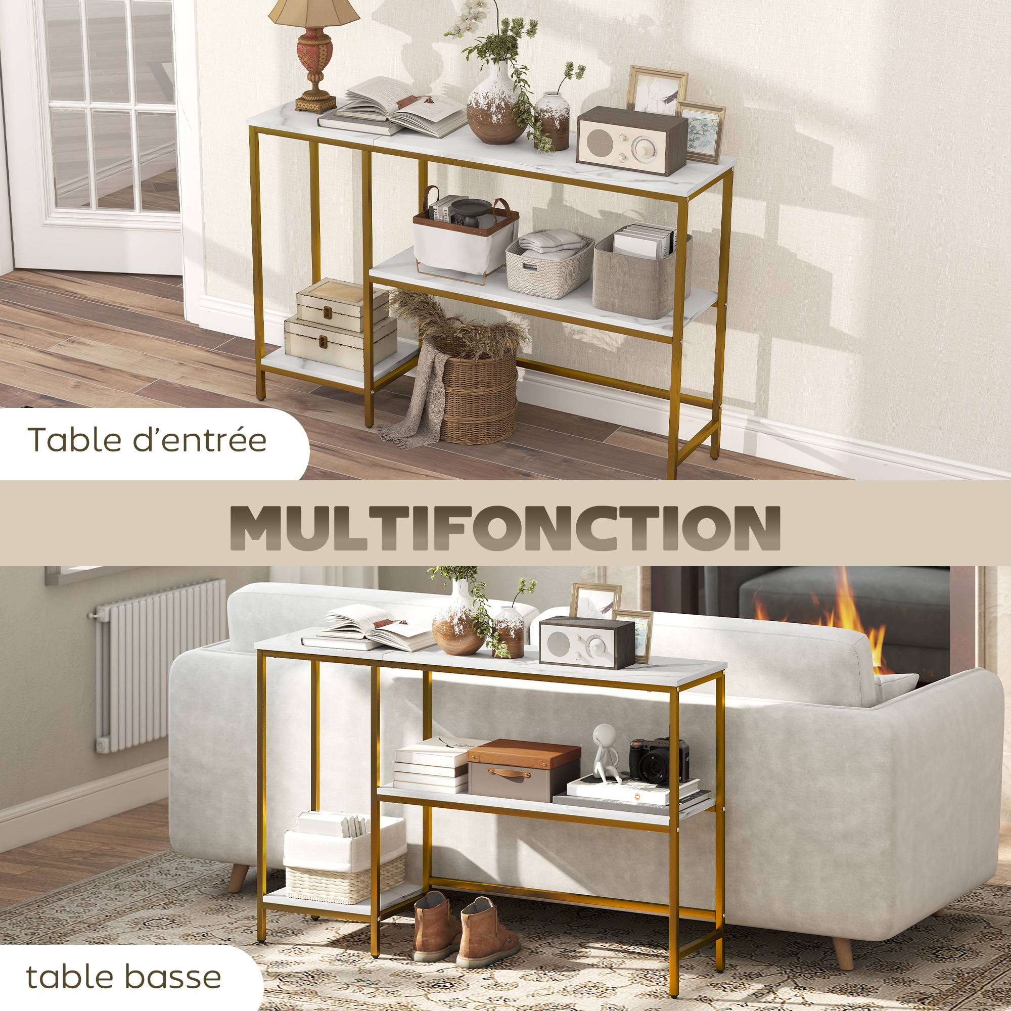 Console meuble 120 cm, table console 3 niveaux avec étagères de rangement, plateaux imitation marbre, blanc et doré - Image 9