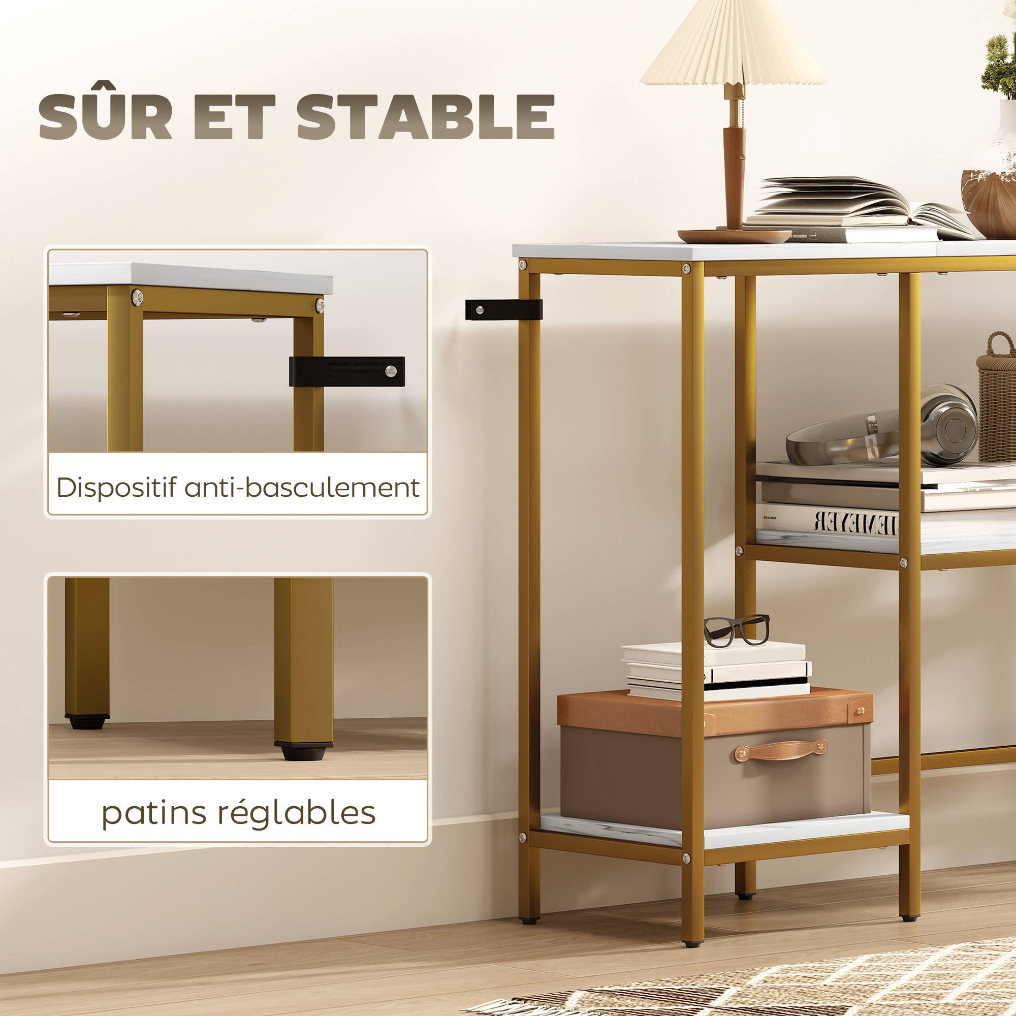 Console meuble 120 cm, table console 3 niveaux avec étagères de rangement, plateaux imitation marbre, blanc et doré - Image 8