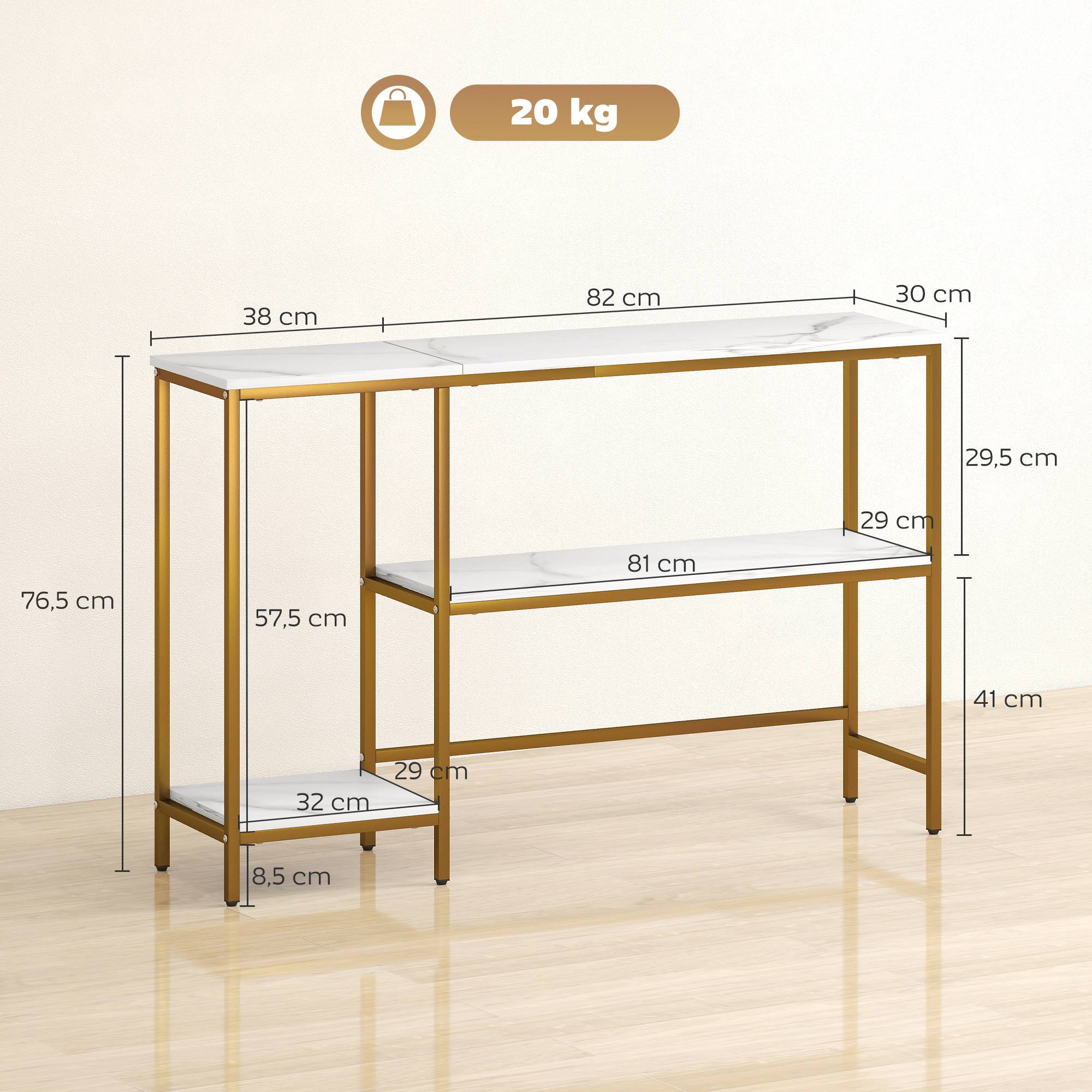 Console meuble 120 cm, table console 3 niveaux avec étagères de rangement, plateaux imitation marbre, blanc et doré - Image 5
