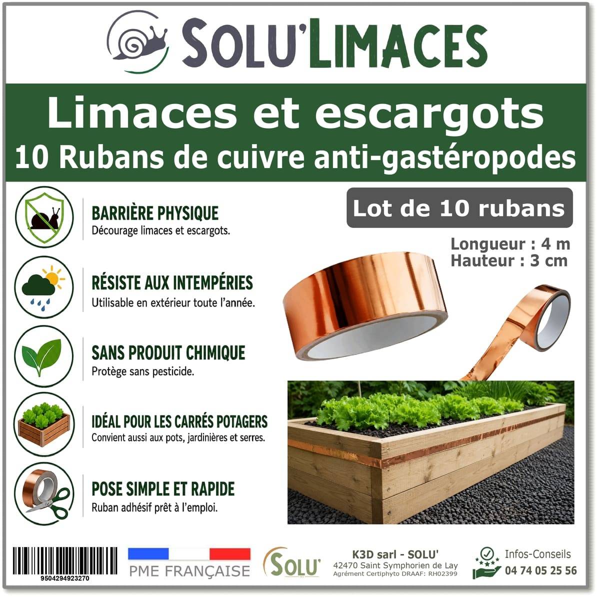 Tout pour les nuisibles - 10 Rubans de Cuivre Anti-Limaces et Escargots SOLU'LIMACES – Barrière Physique Adhésive pour Potager, Jardinières, Pots et Bacs de Culture – 4mx3cm - Image 1