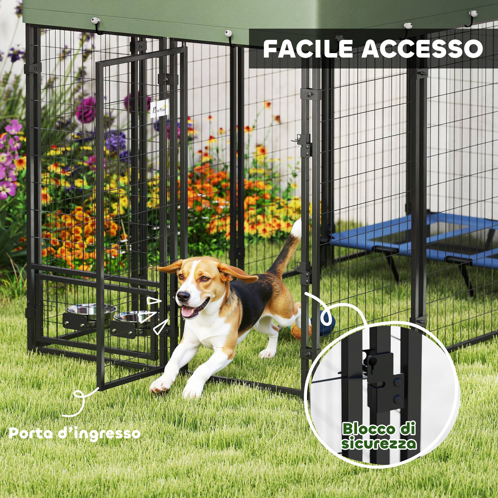 Parc extérieur en acier pour chien avec 2 gamelles rotatives et toit en tissu Oxford, 244 x 122 x 183 cm, vert - Image 8