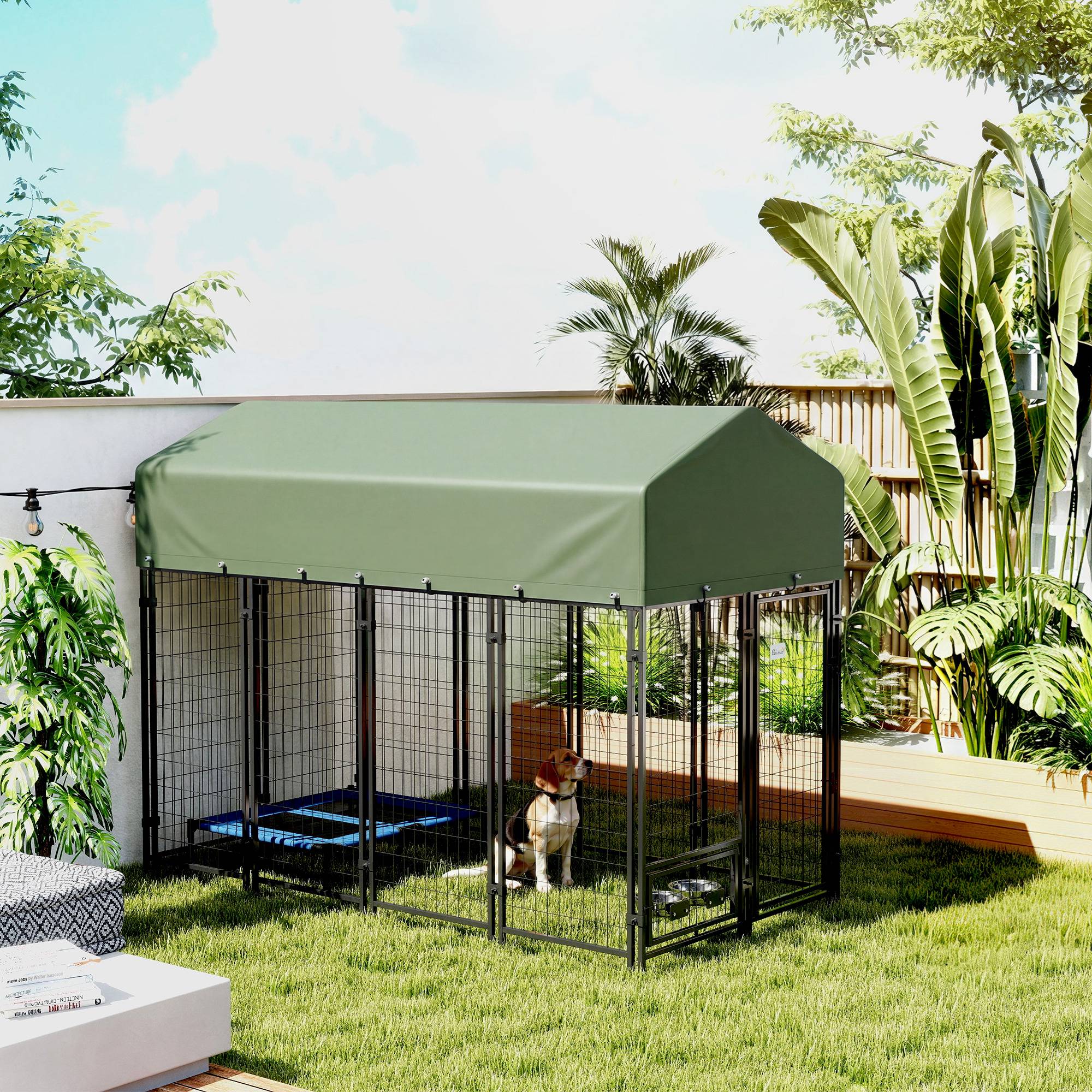 Parc extérieur en acier pour chien avec 2 gamelles rotatives et toit en tissu Oxford, 244 x 122 x 183 cm, vert - Image 4