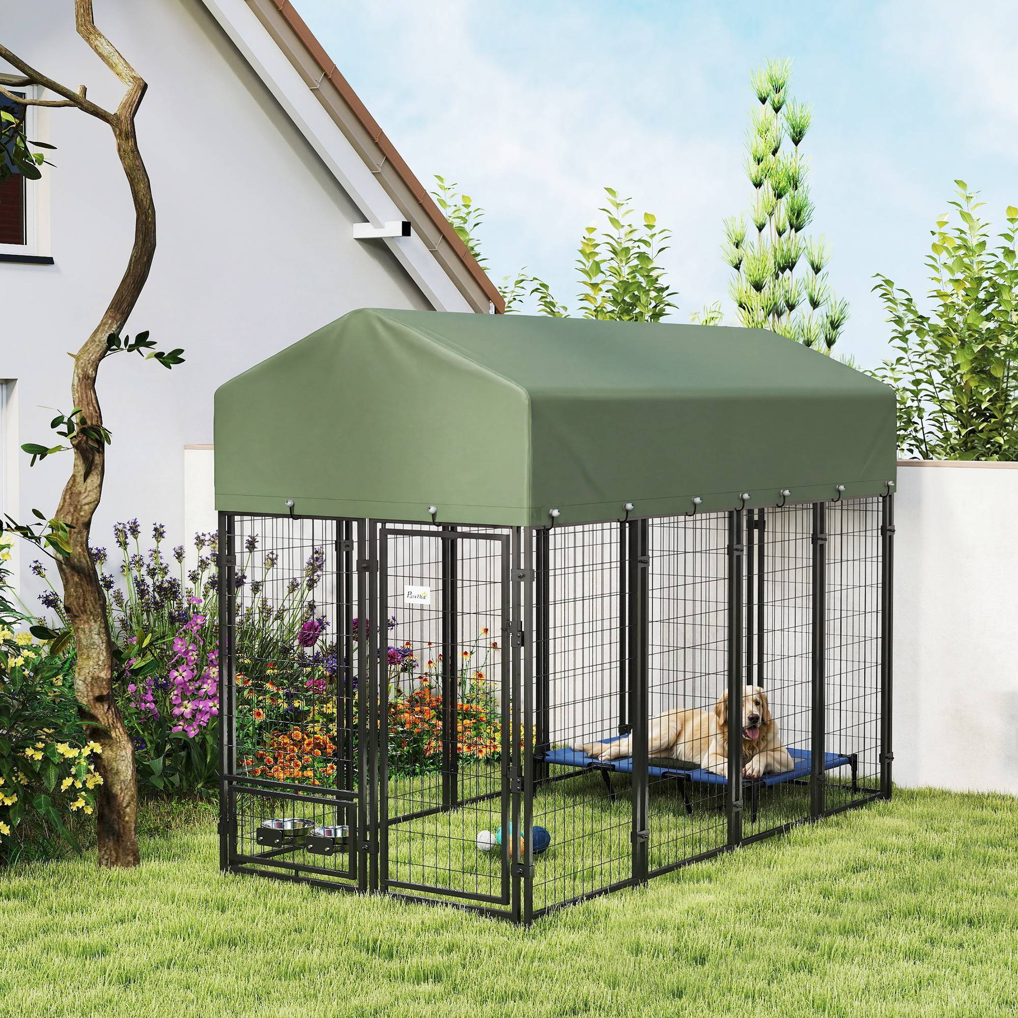 Parc extérieur en acier pour chien avec 2 gamelles rotatives et toit en tissu Oxford, 244 x 122 x 183 cm, vert - Image 3