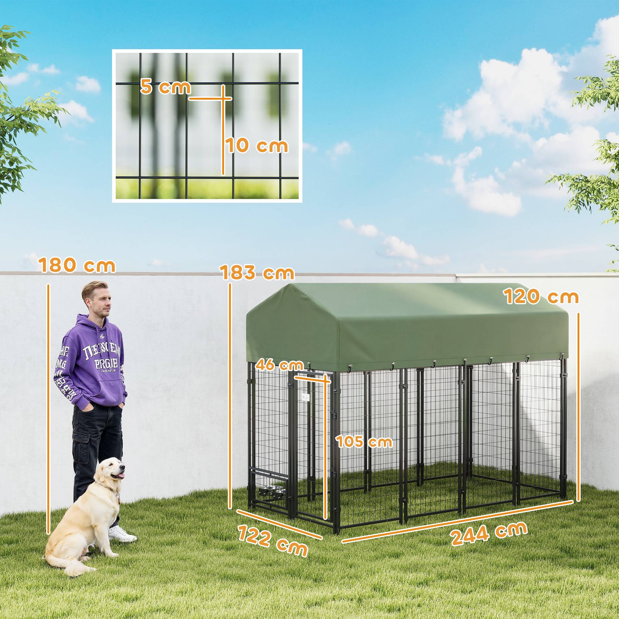 Parc extérieur en acier pour chien avec 2 gamelles rotatives et toit en tissu Oxford, 244 x 122 x 183 cm, vert - Image 5
