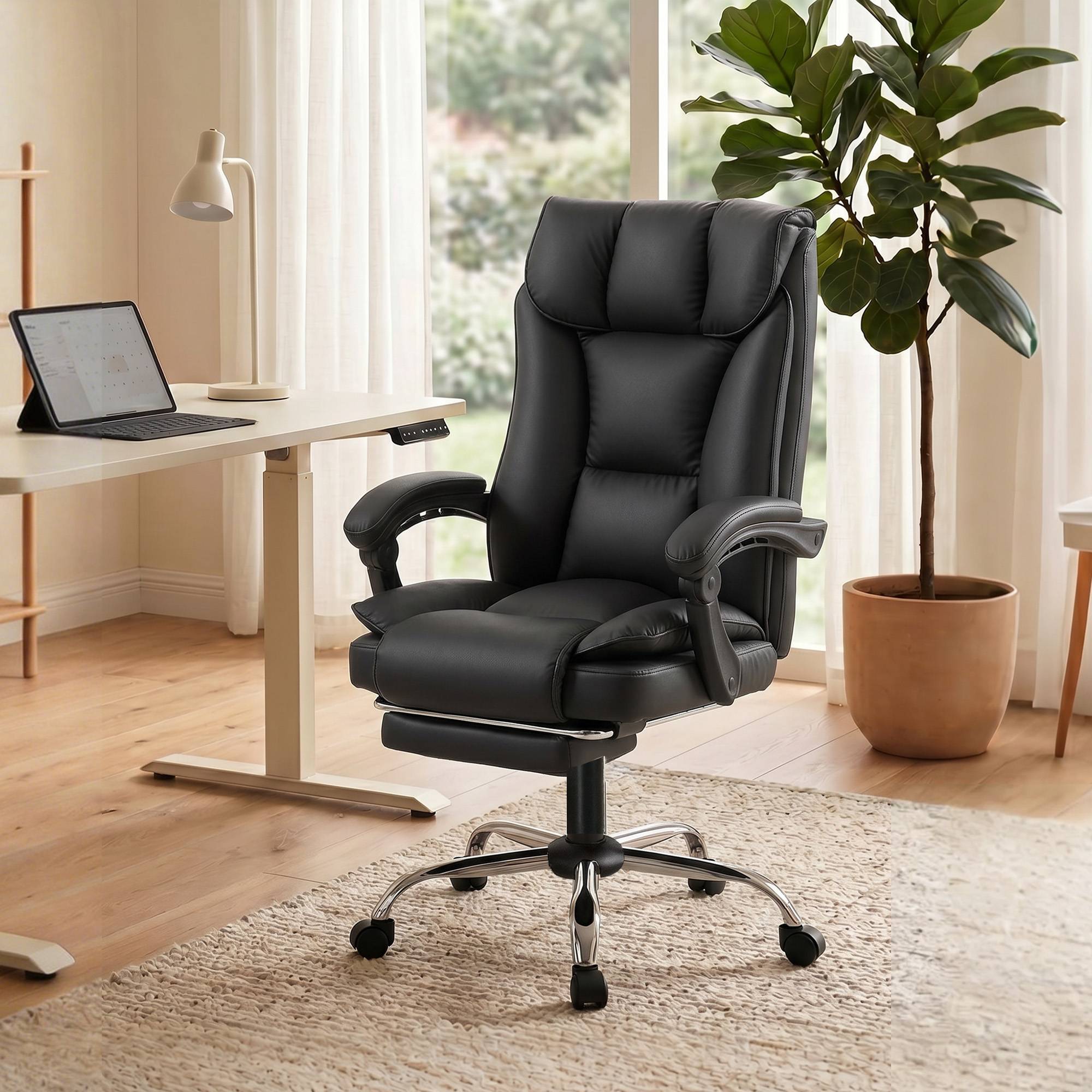 Sans Marque - Chaise de bureau ergonomique, fauteuil de bureau inclinable avec repose-pieds, hauteur réglable, pivotante 360°, noir - Image 3
