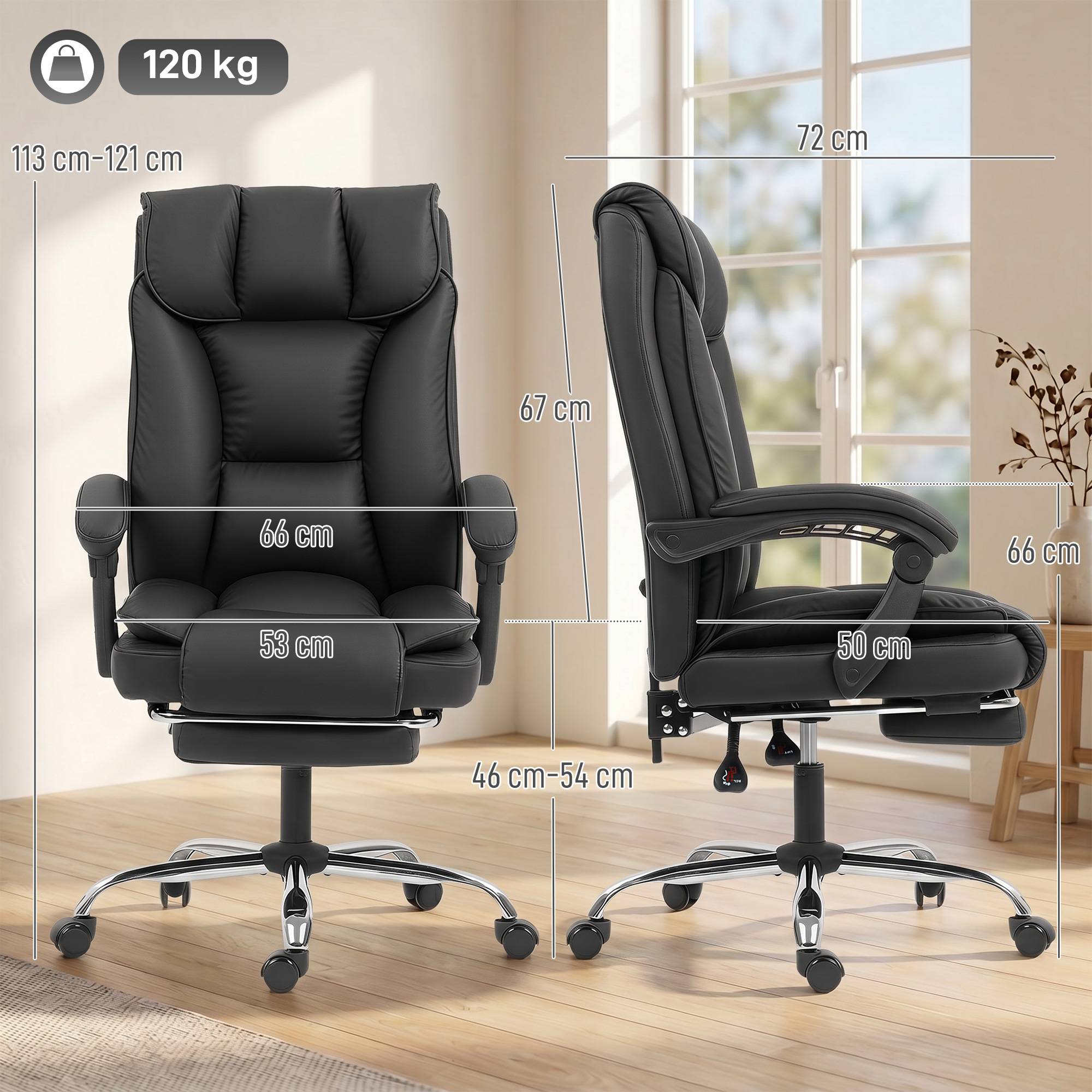 Sans Marque - Chaise de bureau ergonomique, fauteuil de bureau inclinable avec repose-pieds, hauteur réglable, pivotante 360°, noir - Image 4