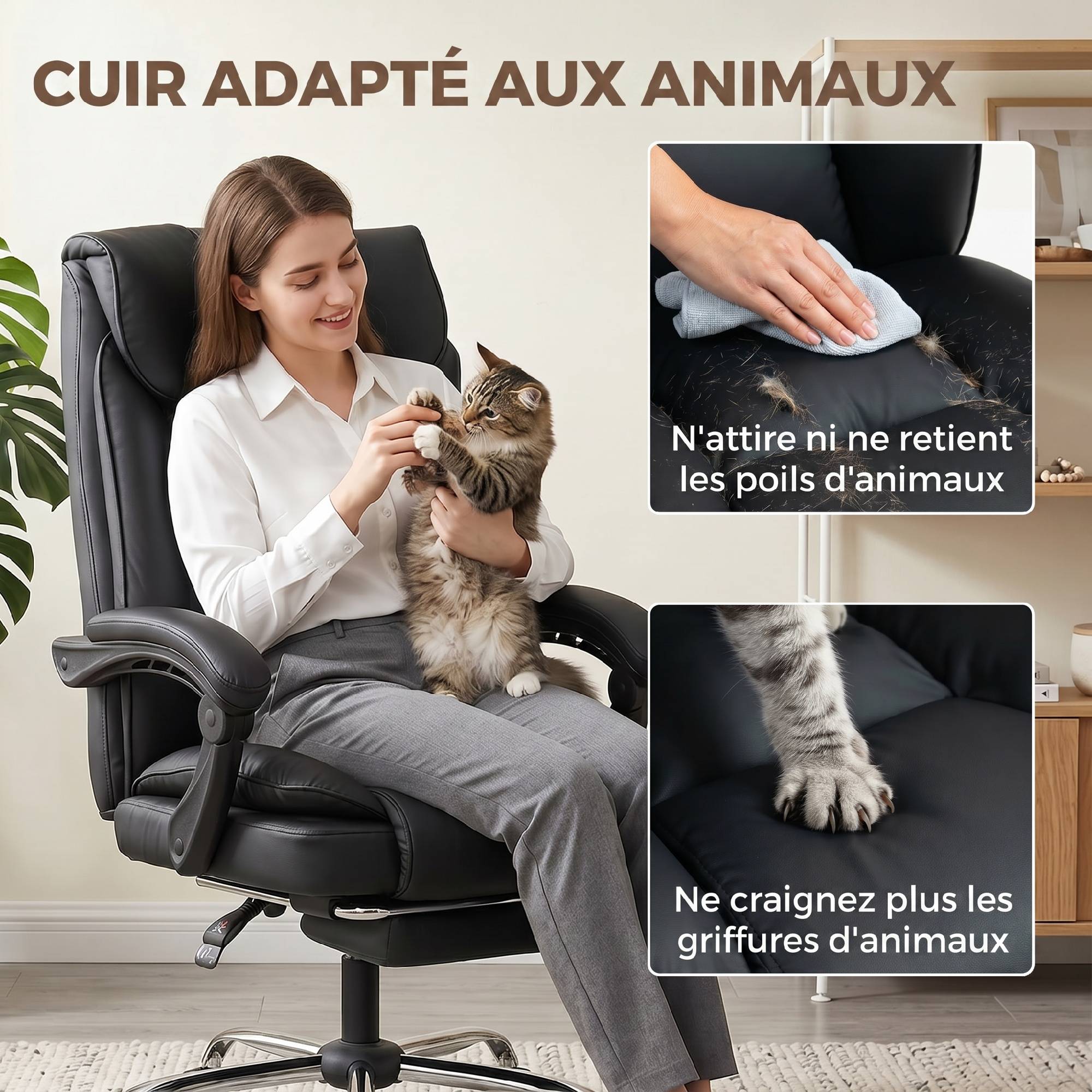 Sans Marque - Chaise de bureau ergonomique, fauteuil de bureau inclinable avec repose-pieds, hauteur réglable, pivotante 360°, noir - Image 6