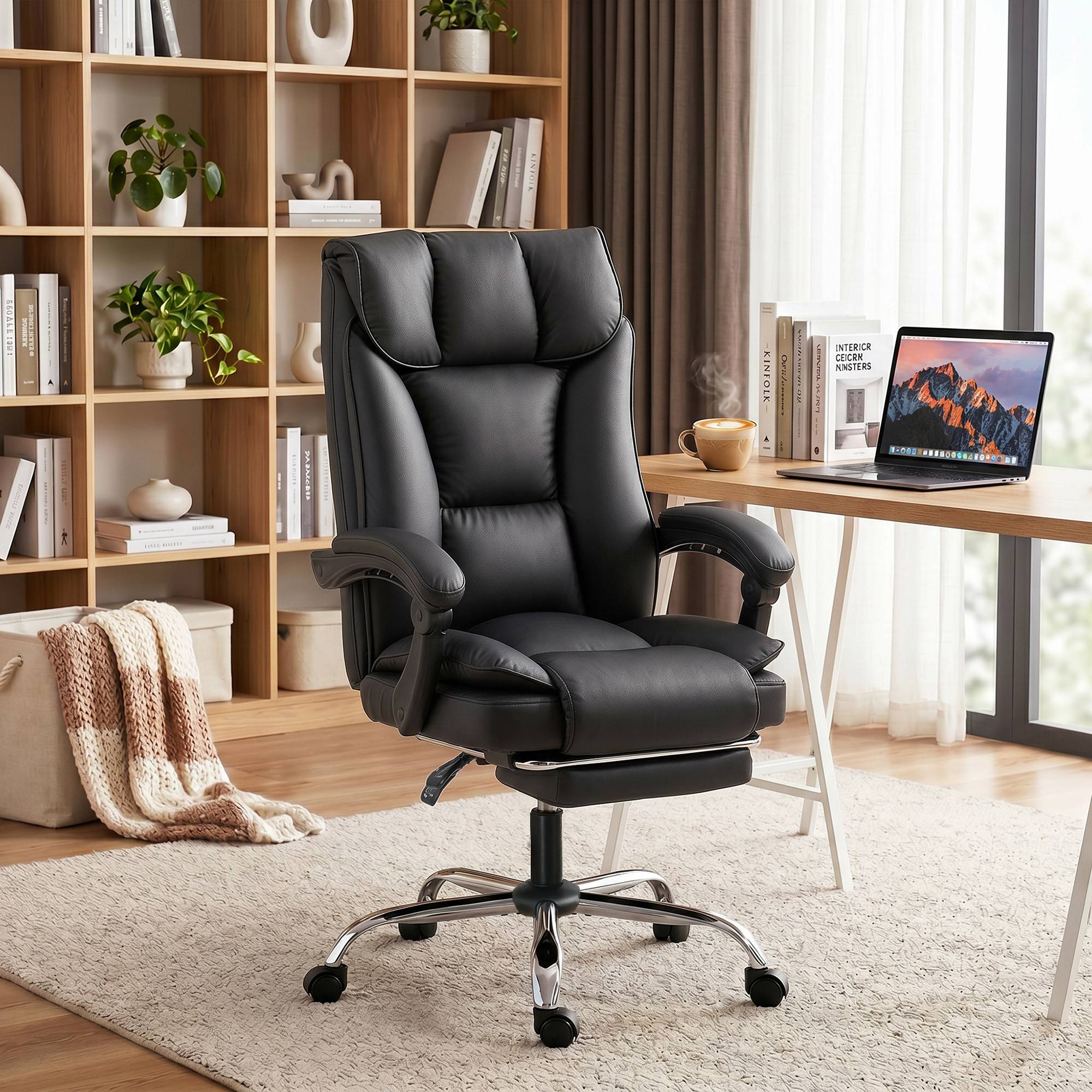 Sans Marque - Chaise de bureau ergonomique, fauteuil de bureau inclinable avec repose-pieds, hauteur réglable, pivotante 360°, noir - Image 2