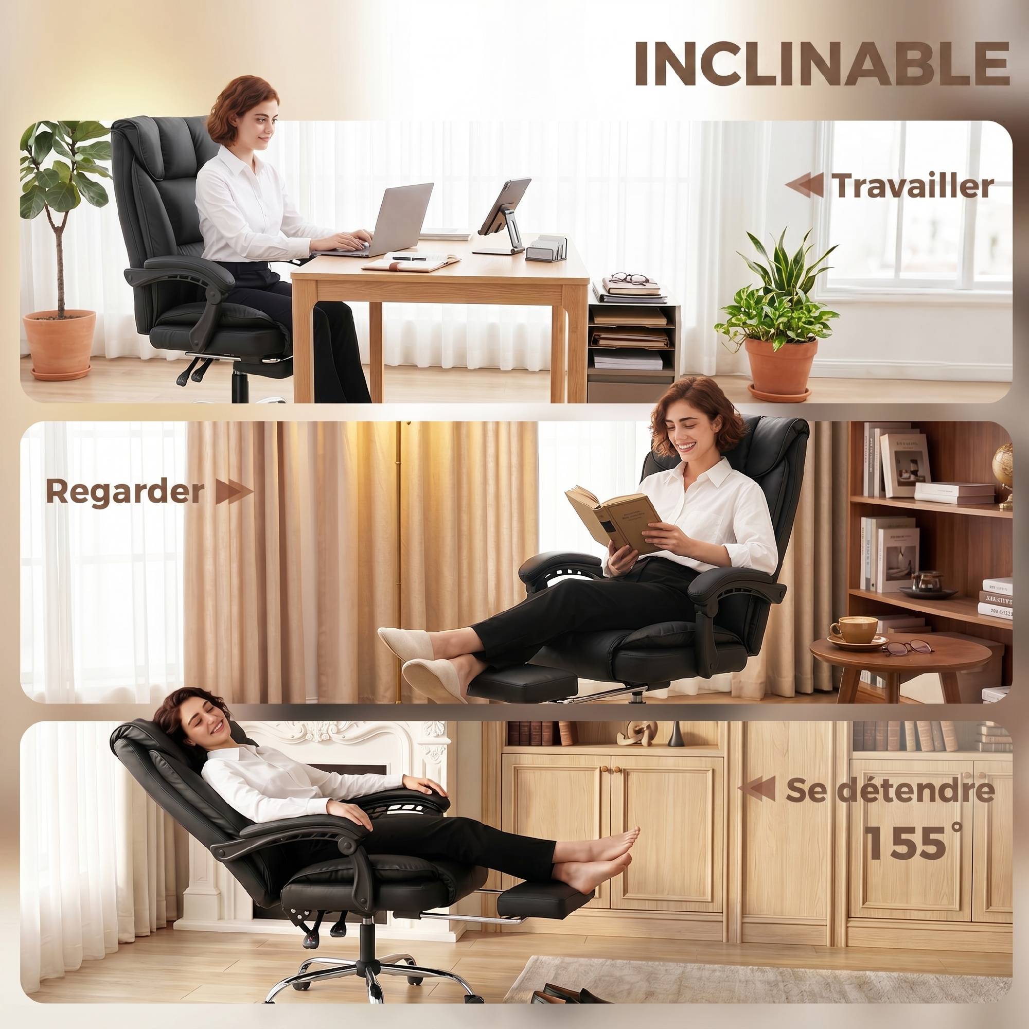 Sans Marque - Chaise de bureau ergonomique, fauteuil de bureau inclinable avec repose-pieds, hauteur réglable, pivotante 360°, noir - Image 5