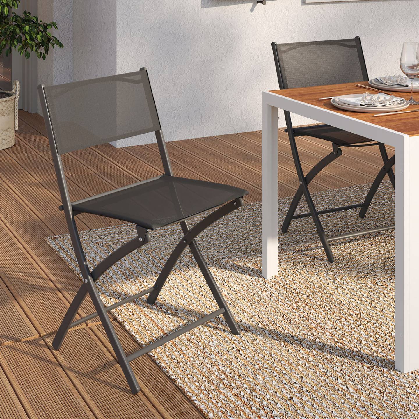 Lot de 6 chaises de jardin pliantes BASTIA métal et textilène gris anthracite - Image 1