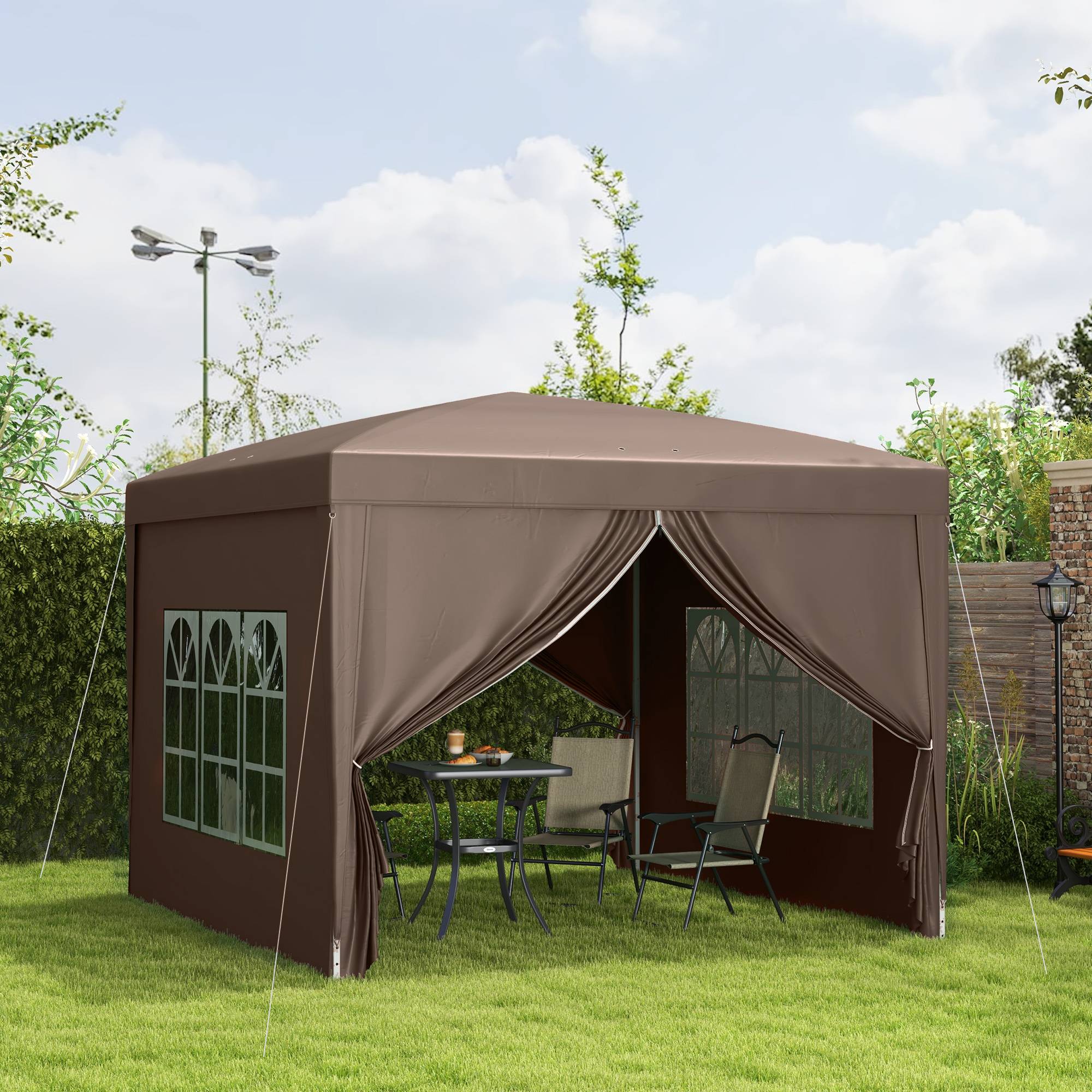 Tente marron 3x3 m pop-up avec 4 parois latérales anti-UV, abri design sobre pour terrasse pratique et protégé - Image 4