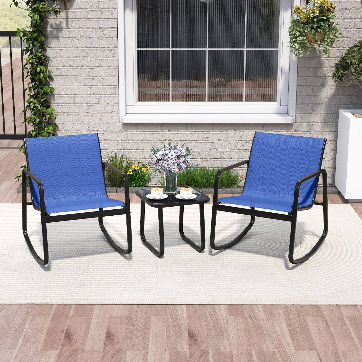 Maison Chic - Salon de Jardin 3 Pièces avec 2 Chaises à Bascule Table en Verre Ensemble Meuble Extérieur Bleu F200R - Image 2