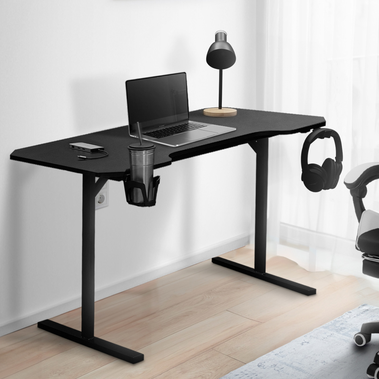 Bureau gaming droit 120 cm noir ALEXIS porte-gobelet et crochet pour casque - Image 5