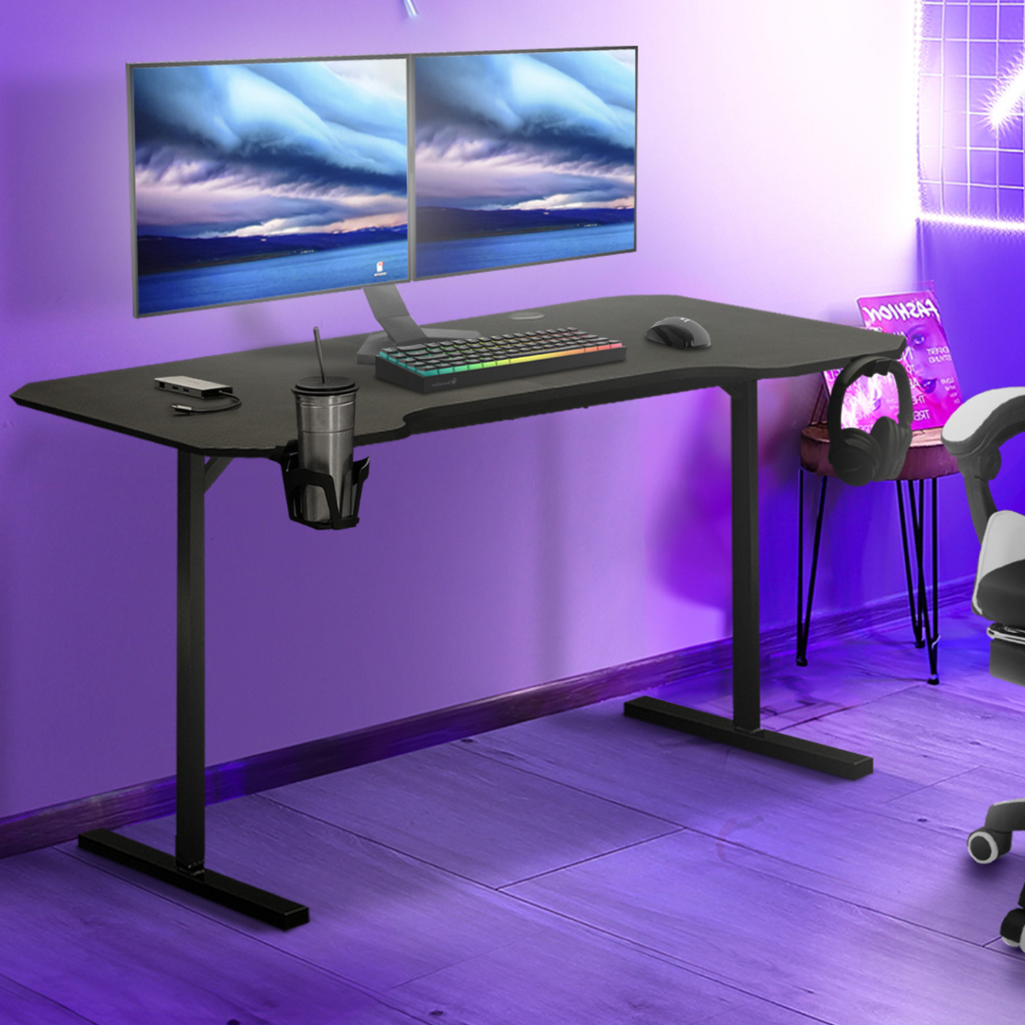 Bureau gaming droit 120 cm noir ALEXIS porte-gobelet et crochet pour casque - Image 1