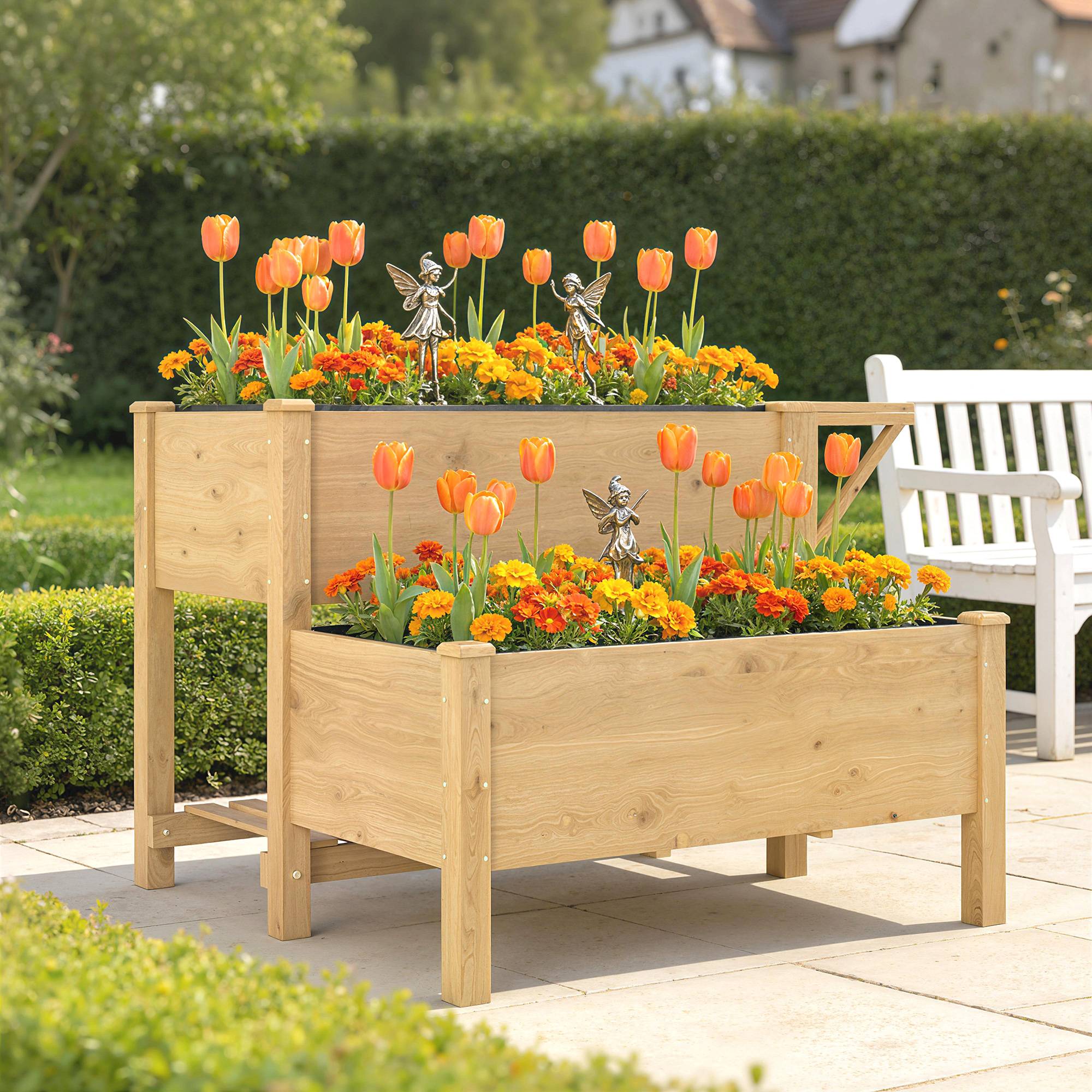 Jardinière surélevée 2 niveaux, tissu non tissé, drainage, bois, 119,5x102x76,5 cm, brun clair - Image 4