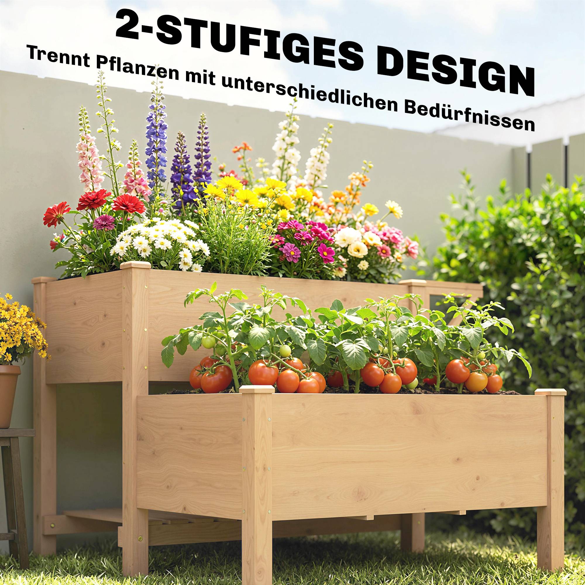 Jardinière surélevée 2 niveaux, tissu non tissé, drainage, bois, 119,5x102x76,5 cm, brun clair - Image 6