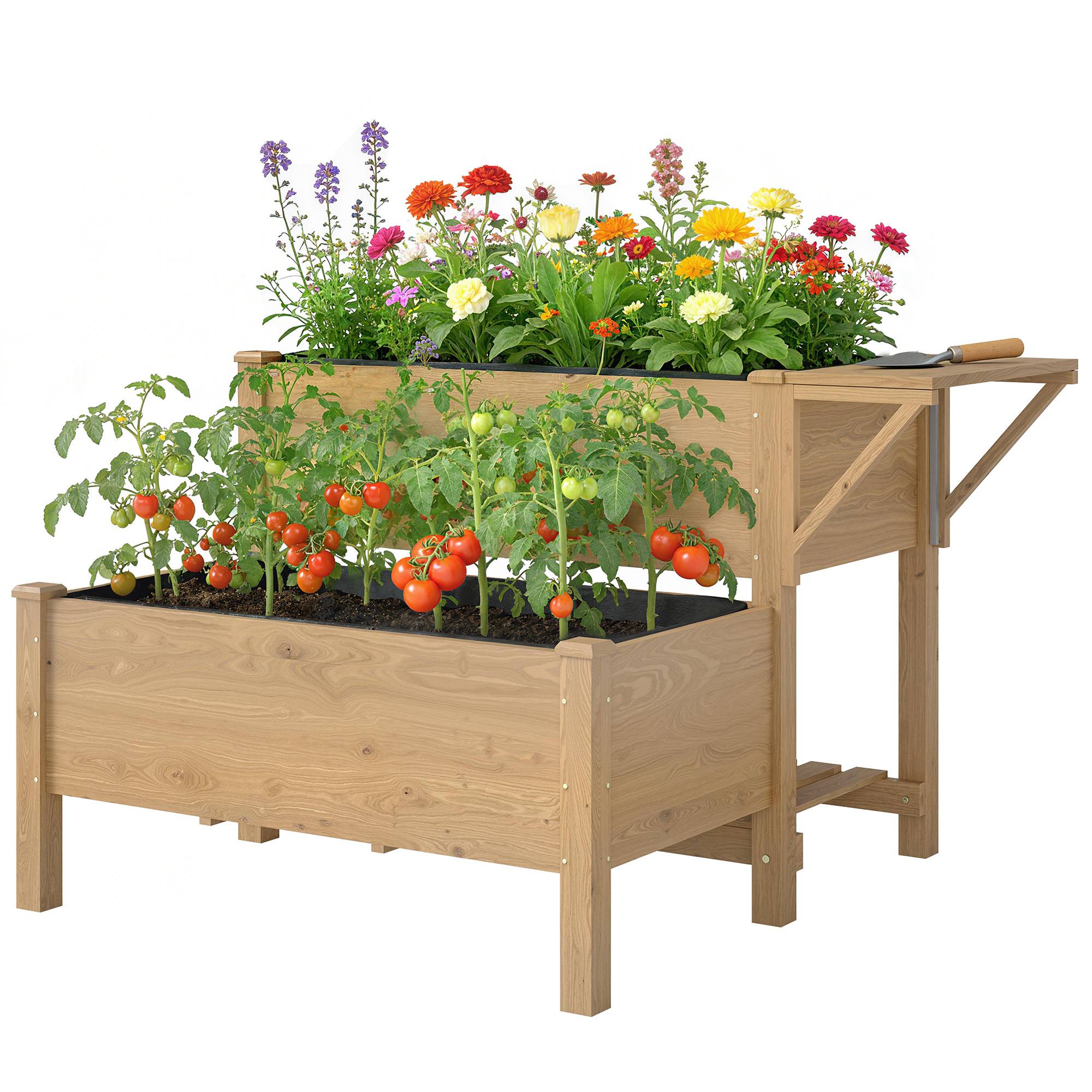 Jardinière surélevée 2 niveaux, tissu non tissé, drainage, bois, 119,5x102x76,5 cm, brun clair - Image 2