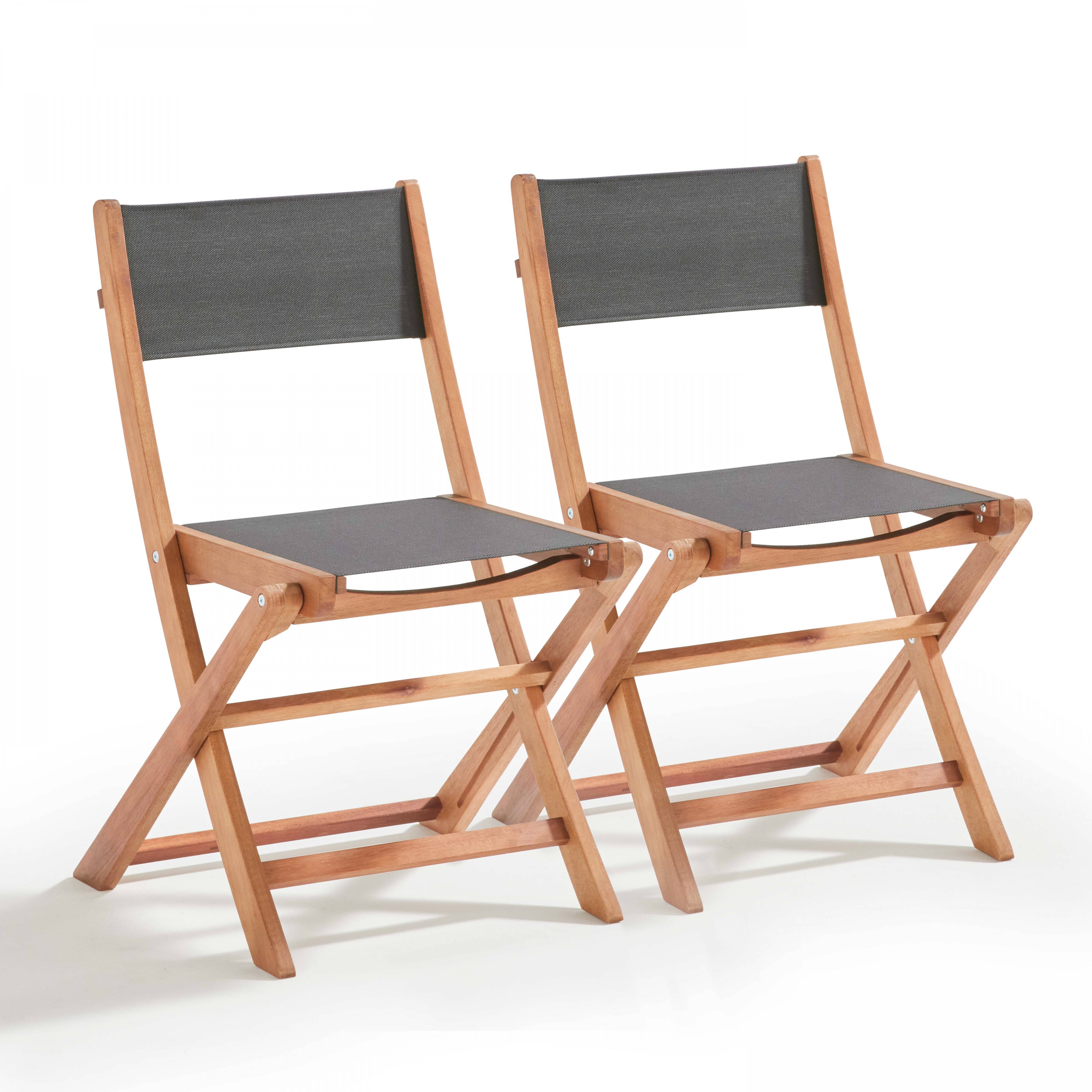 Oviala - Lot de 2 chaises pliantes en bois d'eucalyptus et textilène noir Sete - Oviala - Image 1