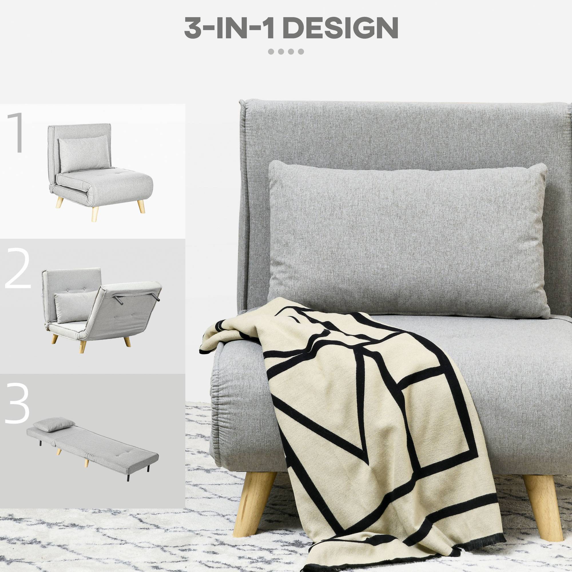 Fauteuil convertible, dossier réglable 6 positions, aspect lin, jusqu'à 150 kg, gris clair - Image 8