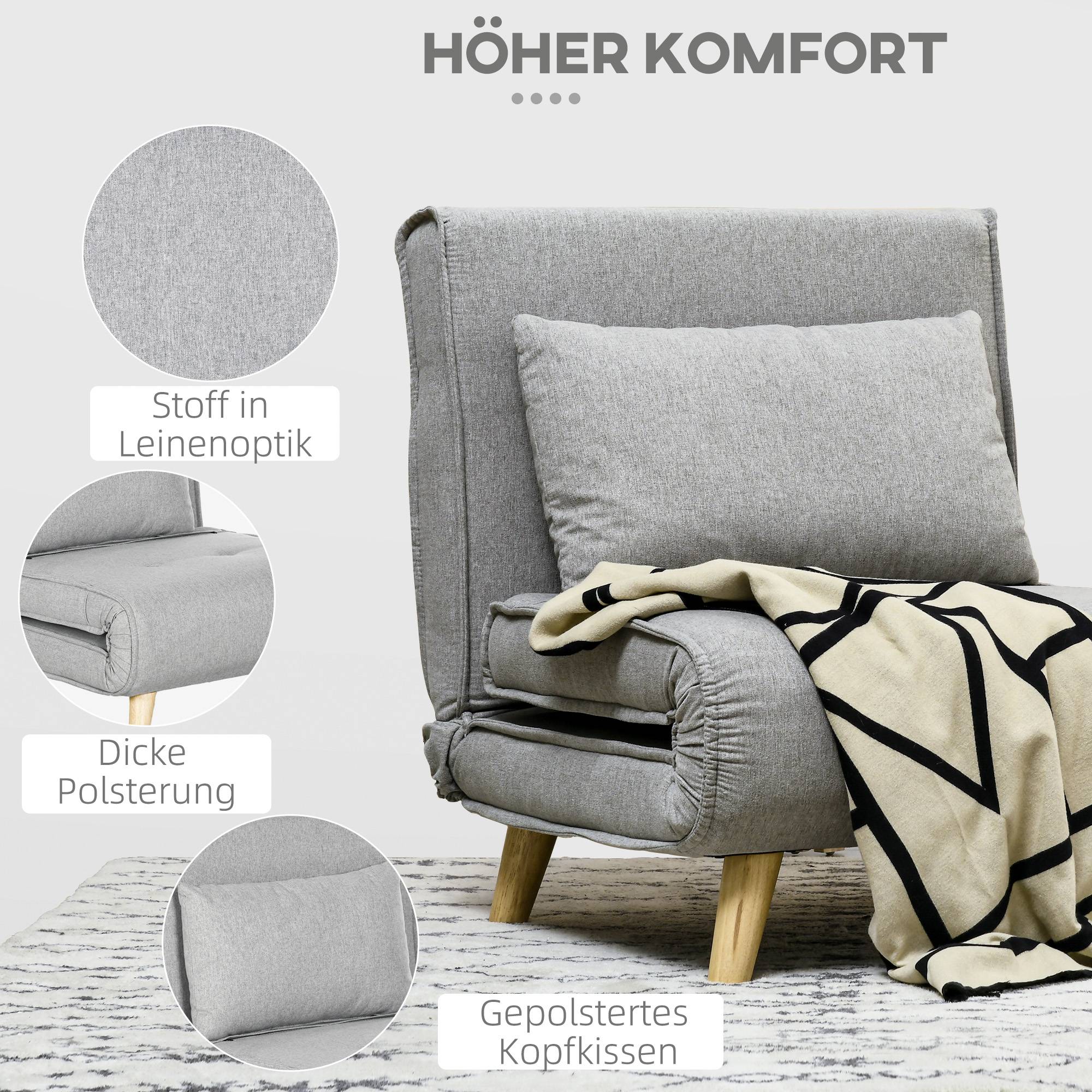 Fauteuil convertible, dossier réglable 6 positions, aspect lin, jusqu'à 150 kg, gris clair - Image 6
