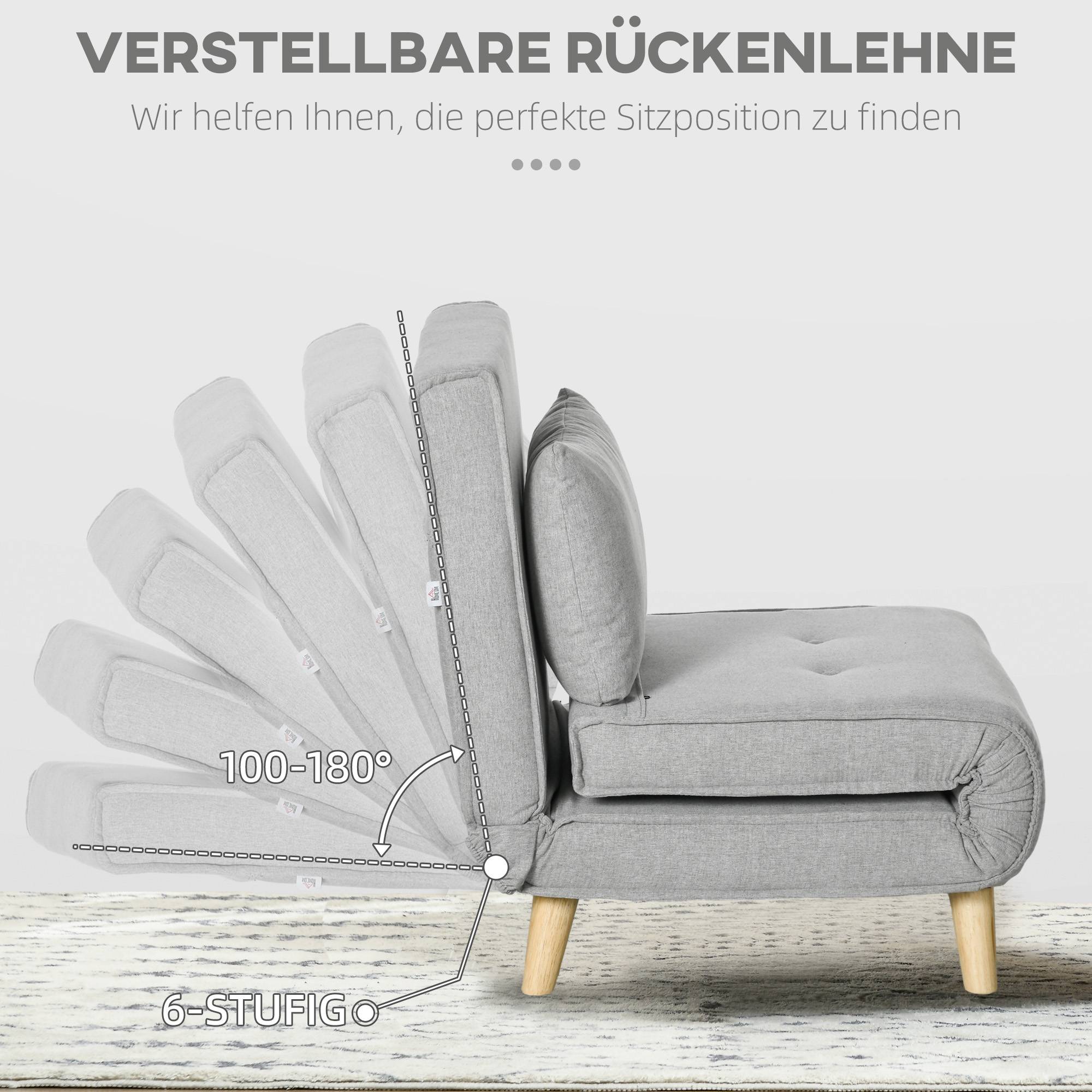 Fauteuil convertible, dossier réglable 6 positions, aspect lin, jusqu'à 150 kg, gris clair - Image 7