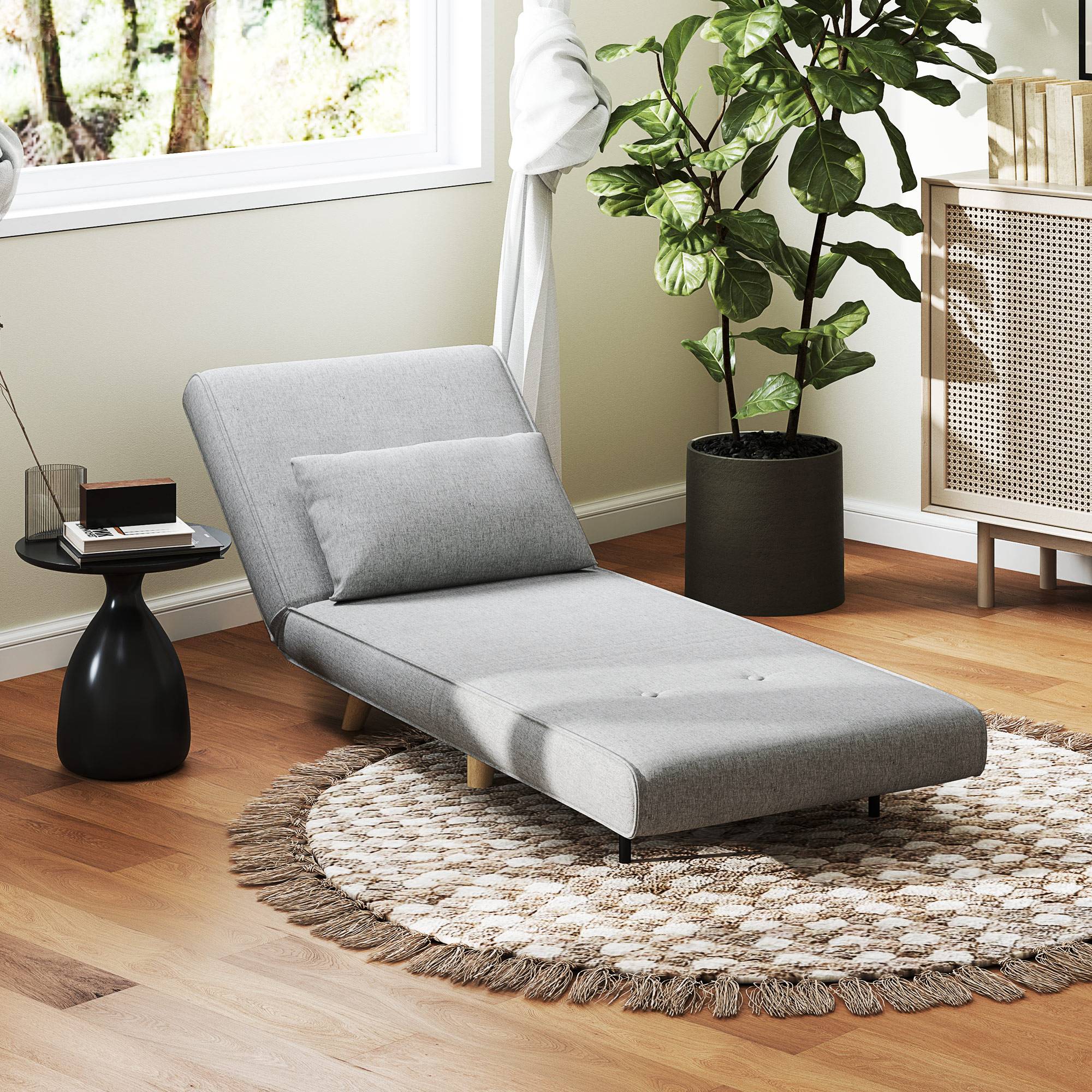 Fauteuil convertible, dossier réglable 6 positions, aspect lin, jusqu'à 150 kg, gris clair - Image 4