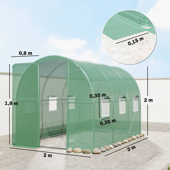 Outsunny - Serre tunnel de jardin - 6m², 200x300x200cm - porte et 8 fenêtres - bâche PE haute densité 140 g/m² - pour extérieur - vert - Outsunny - Image 3
