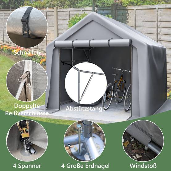 Abri de rangement 244×241×217cm, garage à vélos, tente de garage, abri de jardin, tente de stockage pour outils, gris foncé - Image 5