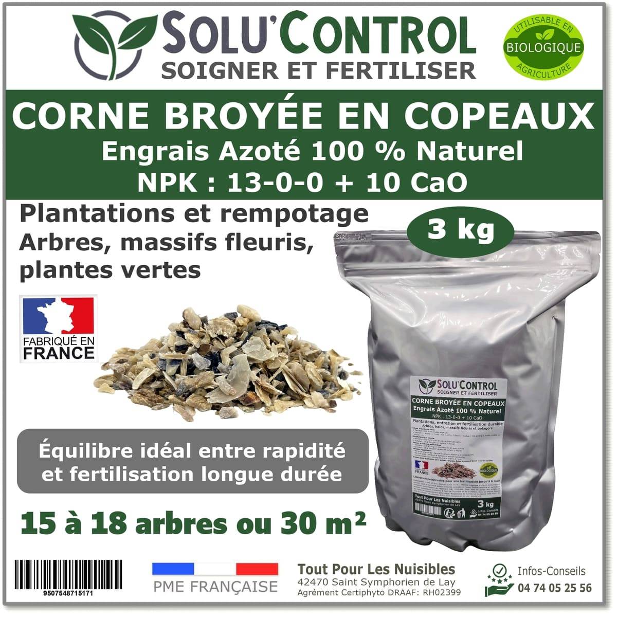 SOLU’CONTROL - 3 kg de Corne Broyée en Copeaux - Engrais Azoté 100 % Naturel - Fertilisation Équilibrée pour Arbustes, Haies et Massifs Fleuris - Image 1