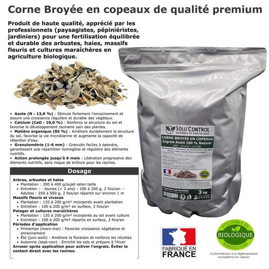 SOLU’CONTROL - 3 kg de Corne Broyée en Copeaux - Engrais Azoté 100 % Naturel - Fertilisation Équilibrée pour Arbustes, Haies et Massifs Fleuris - Image 3