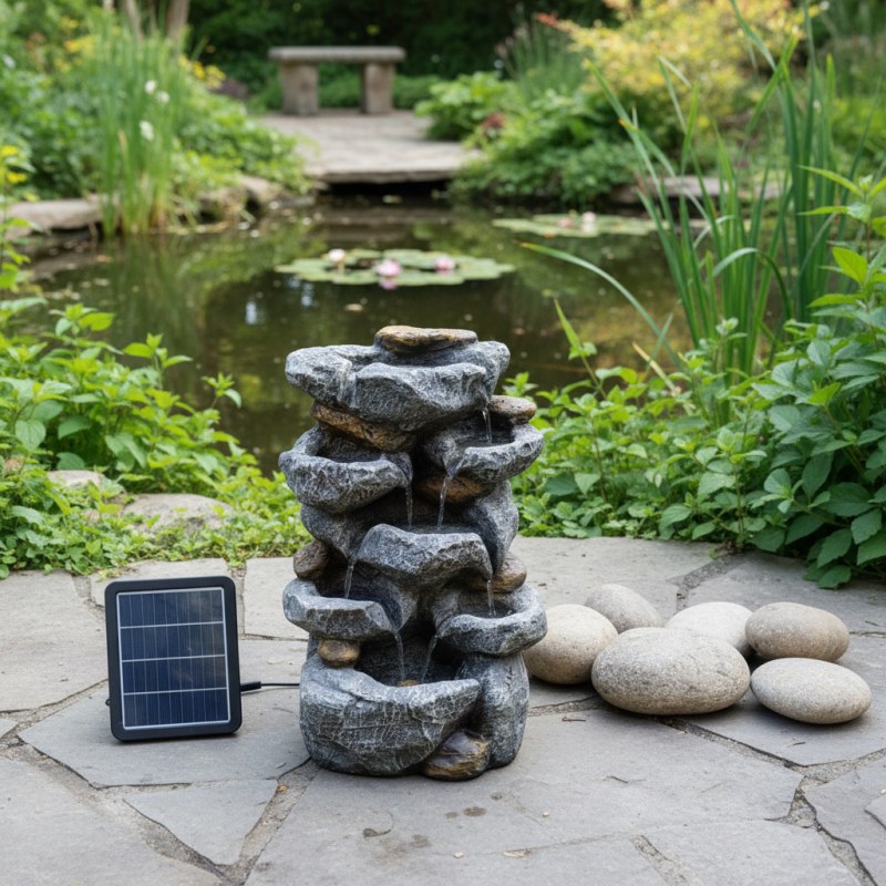 Fontaine de jardin solaire en polyrésine avec LED blanc chaud et panneau 1,2W 31x24x49cm Art-Pond gris roche - Image 1