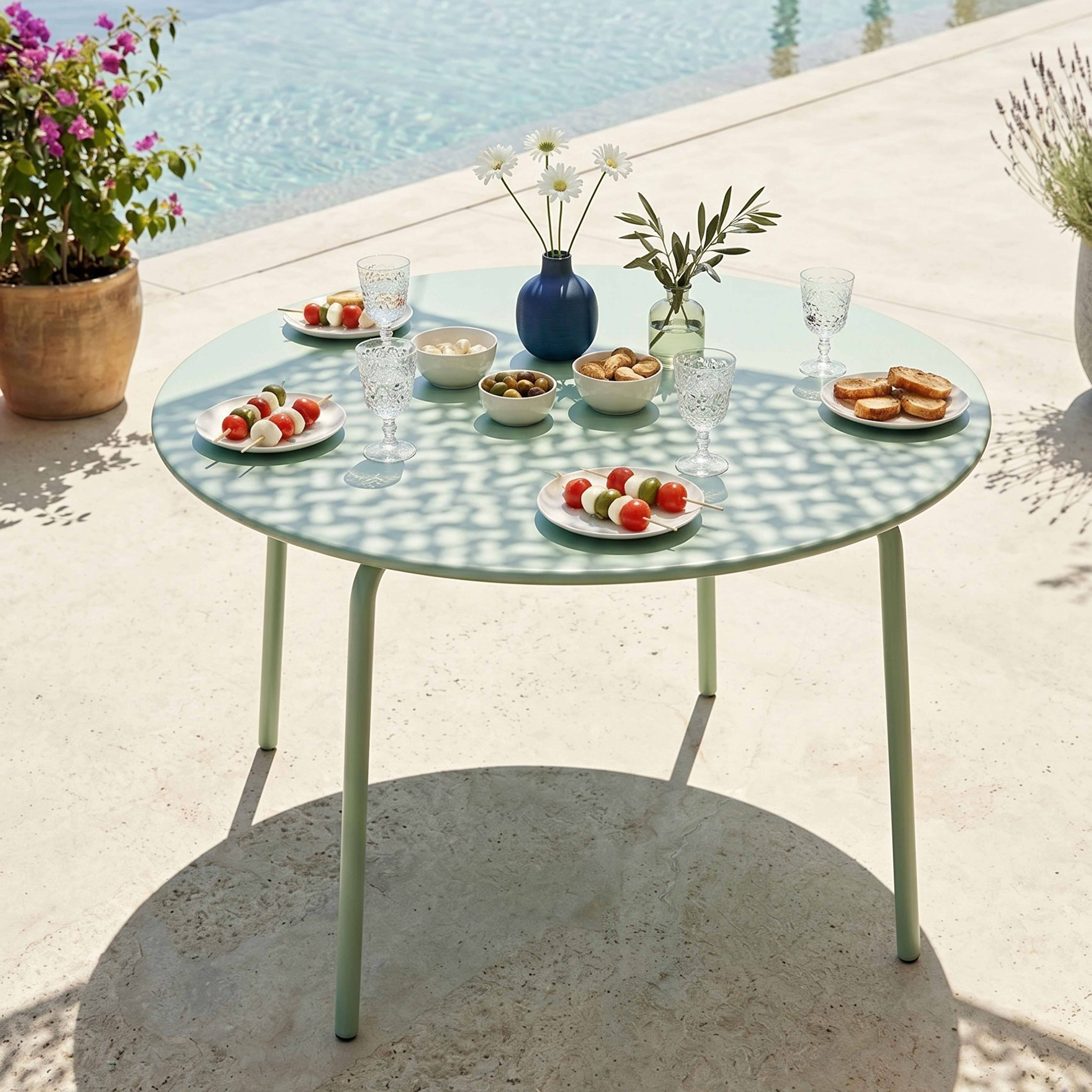 Oviala - Ensemble table de jardin ronde et 6 chaises en métal vert sauge Palavas - Oviala - Image 3