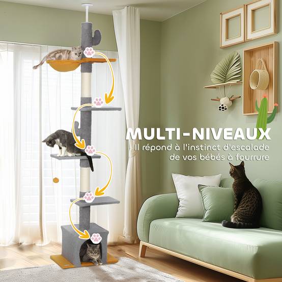 Arbre à chat plafond velours et chenille gris clair 55 x 34 x 275 cm - PANGIVO - Image 8