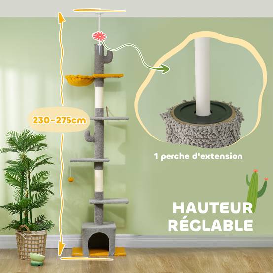 Arbre à chat plafond velours et chenille gris clair 55 x 34 x 275 cm - PANGIVO - Image 6