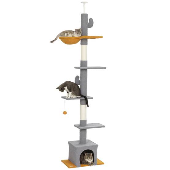 Arbre à chat plafond velours et chenille gris clair 55 x 34 x 275 cm - PANGIVO - Image 1
