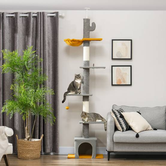 Arbre à chat plafond velours et chenille gris clair 55 x 34 x 275 cm - PANGIVO - Image 4