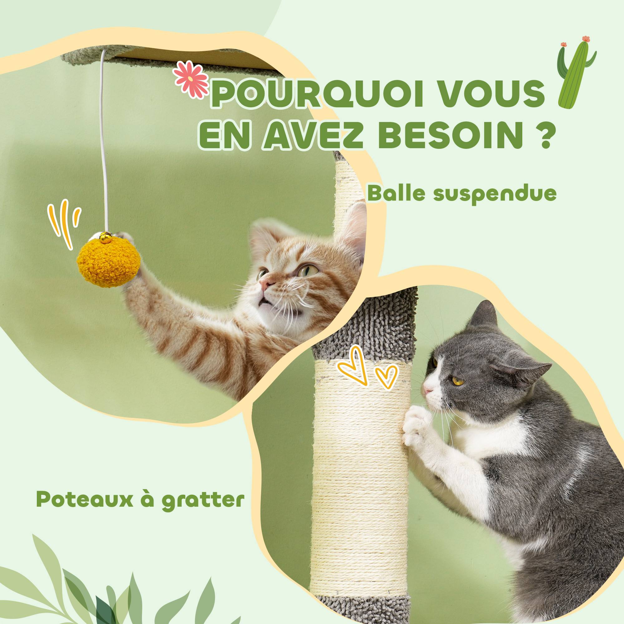 Arbre à chat plafond velours et chenille gris clair 55 x 34 x 275 cm - PANGIVO - Image 10