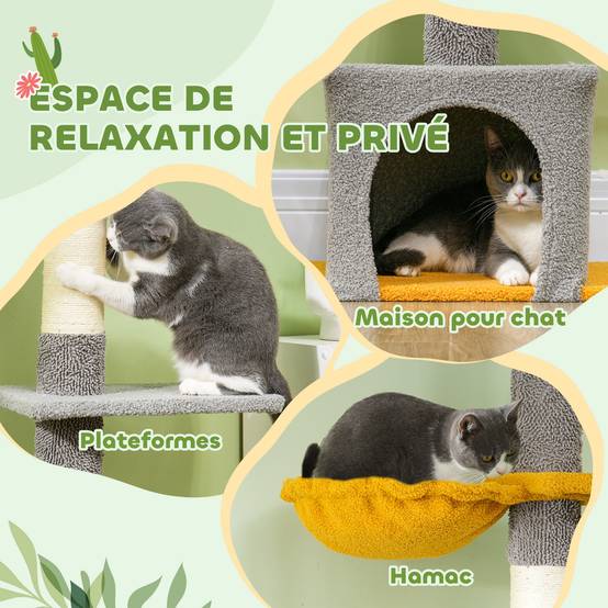 Arbre à chat plafond velours et chenille gris clair 55 x 34 x 275 cm - PANGIVO - Image 9