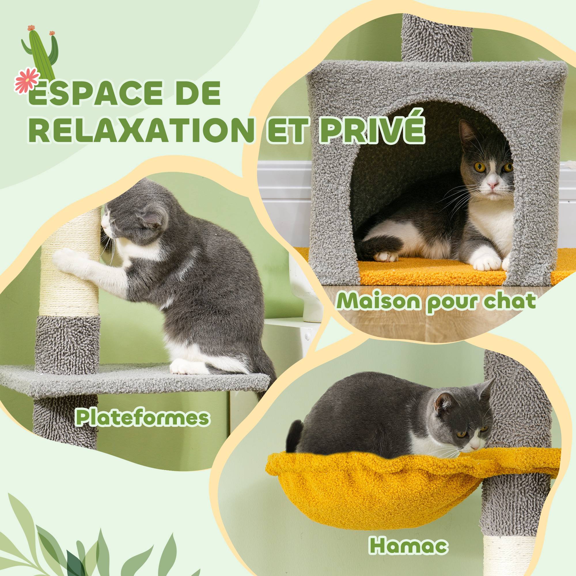 Arbre à chat plafond velours et chenille gris clair 55 x 34 x 275 cm - PANGIVO - Image 9
