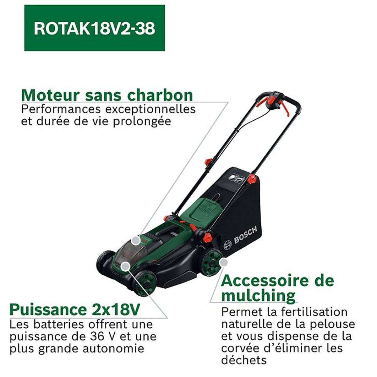 Bosch - Tondeuse à gazon sans fil ROTAK18V2-38 - BOSCH - 2 batteries 4,0 Ah - chargeur - 06008B9M00 - Image 6