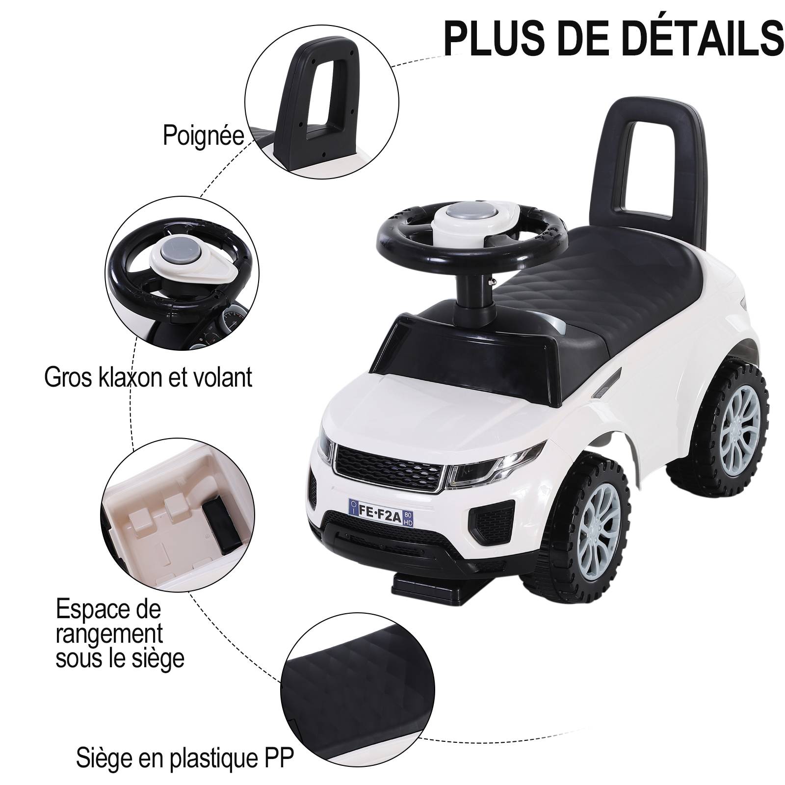 Porteur enfant véhicule à pousser, porteur bébé avec klaxon, compteurs factices et coffre à jouets pour enfants de 12 à 36 mois, blanc - Image 6