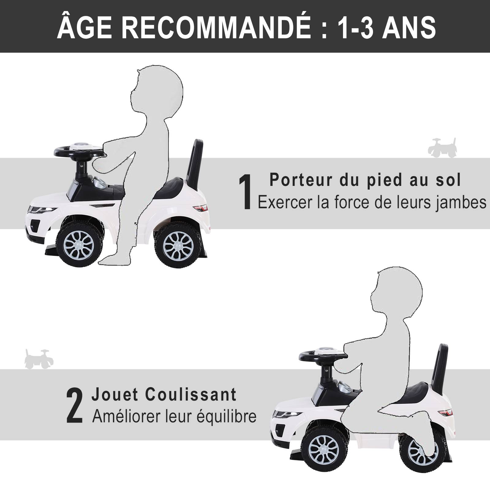 Porteur enfant véhicule à pousser, porteur bébé avec klaxon, compteurs factices et coffre à jouets pour enfants de 12 à 36 mois, blanc - Image 9