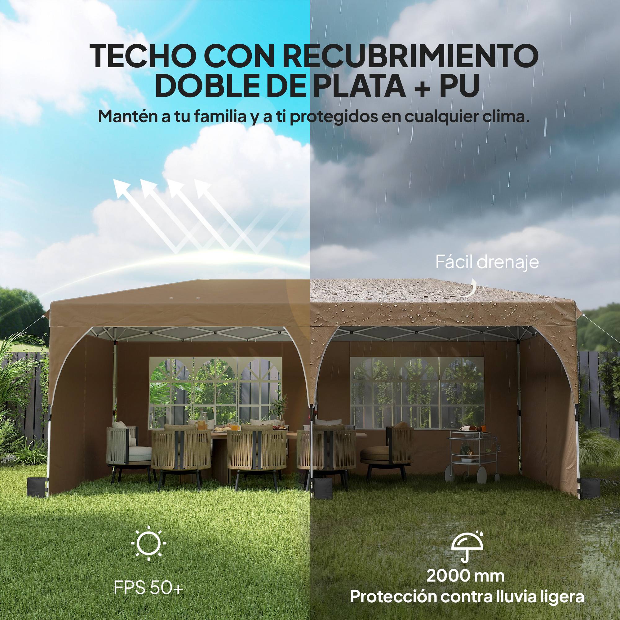 Tente pliante 6 x 3 m avec bandes réfléchissantes, protection UPF 50+, montage facile, système de verrouillage centralisé, imperméable, beige - Image 6