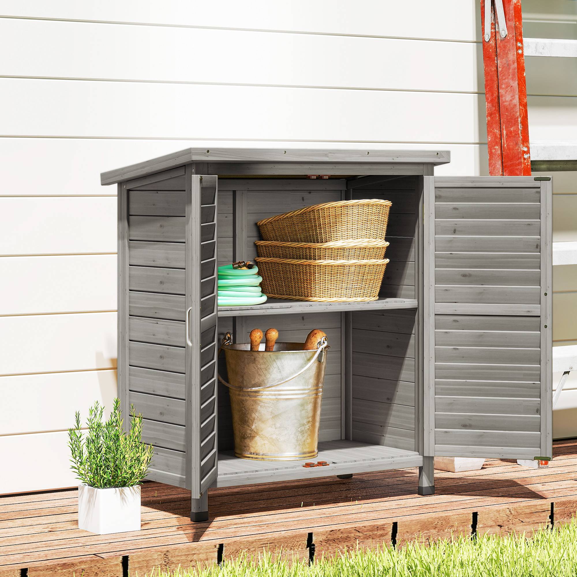 ComfortXL - Armoire de jardin bois sapin terrasse rangement outils portes persiennes 87x46x96cm gris - ComfortXL Outdoor Living - Image 10