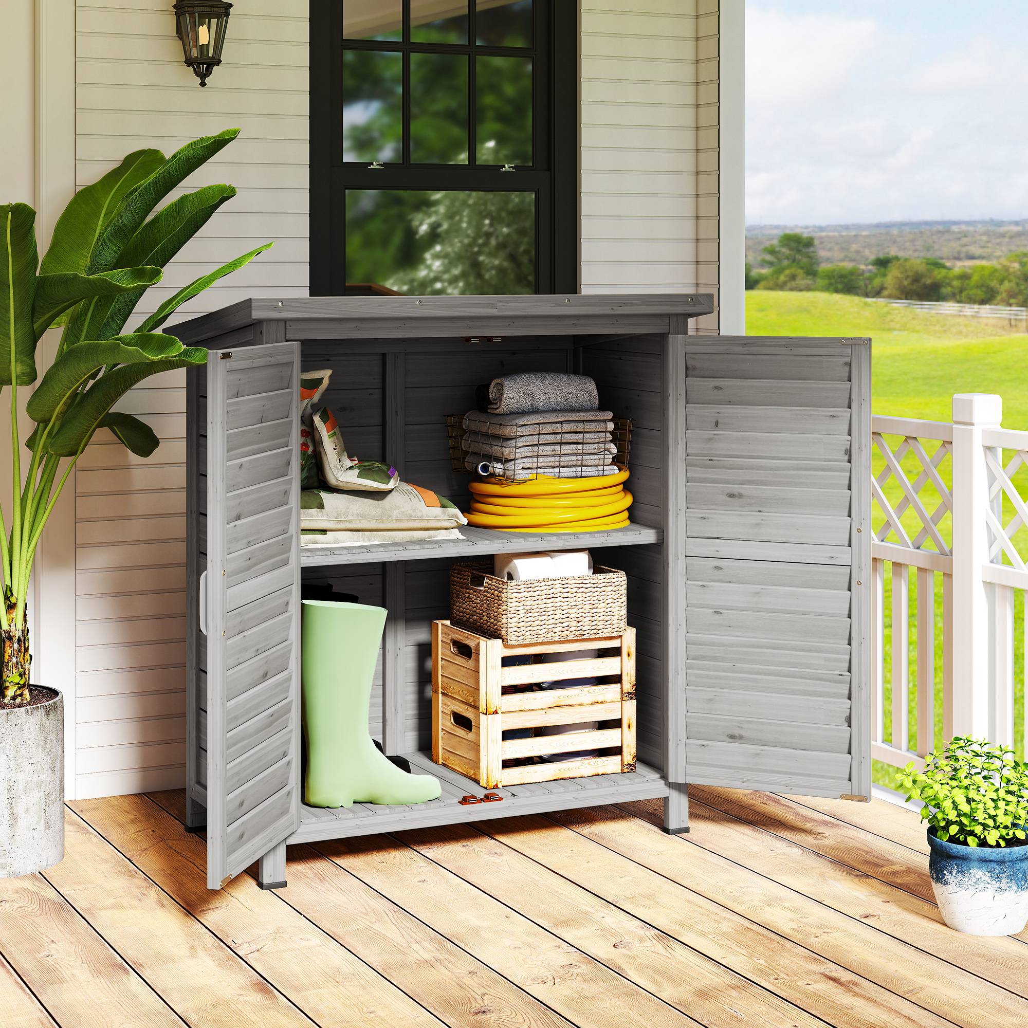 ComfortXL - Armoire de jardin bois sapin terrasse rangement outils portes persiennes 87x46x96cm gris - ComfortXL Outdoor Living - Image 3